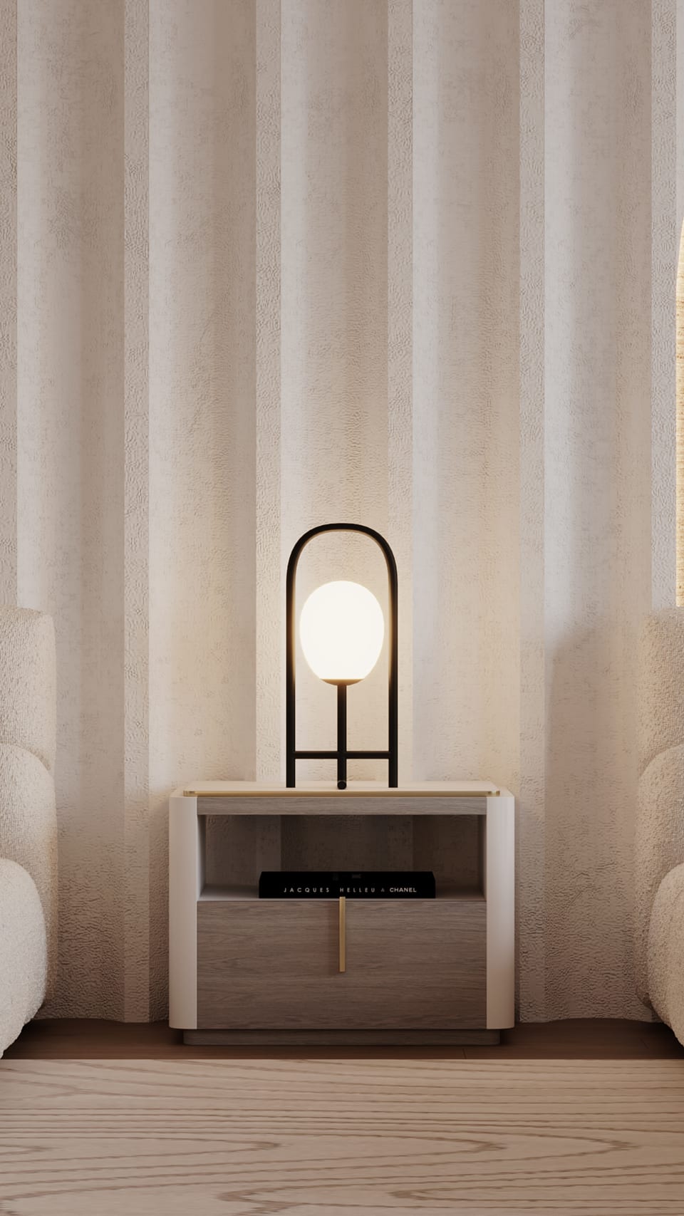 Mesa de cabeceira em creme e madeira clara com puxador dourado e candeeiro de arco preto com globo opalino