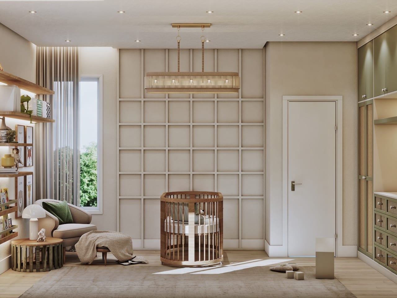 Oval wooden cot facing a beige grid-panelled wall, with armchair, shelving and green wardrobe alongside