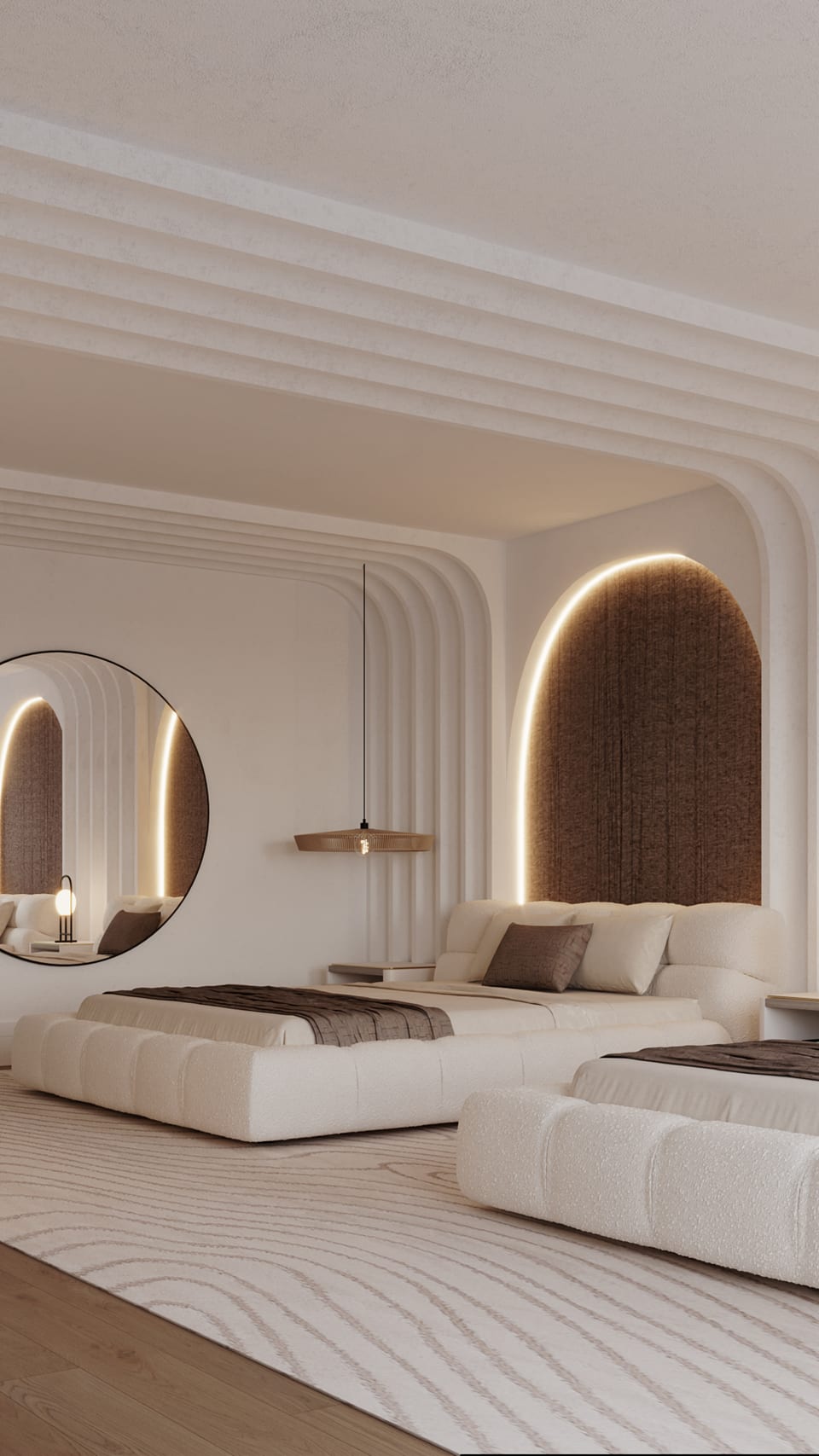 Quarto com duas camas baixas em bouclé creme, espelho redondo de aro preto e nicho em arco iluminado