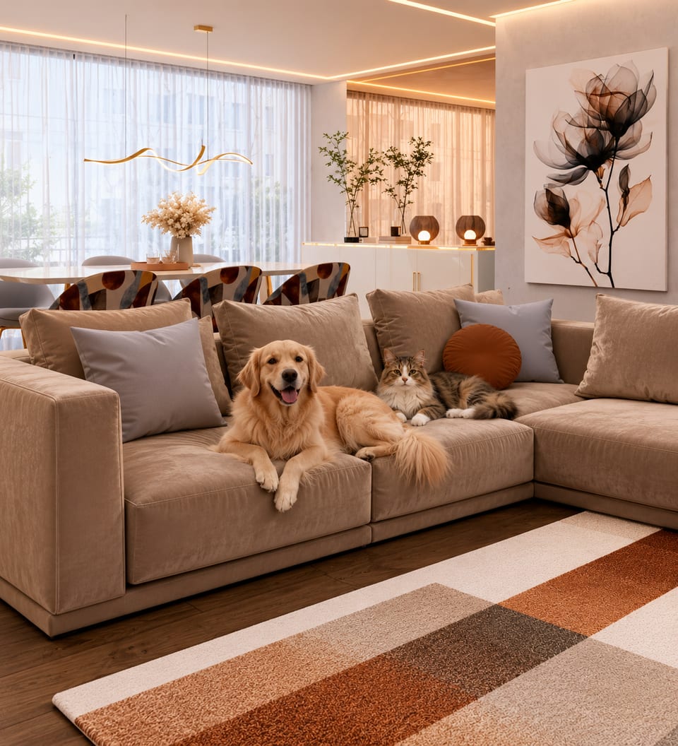 Dog and cat lying on a beige velvet corner sofa, with a striped terracotta rug and the dining area beyond