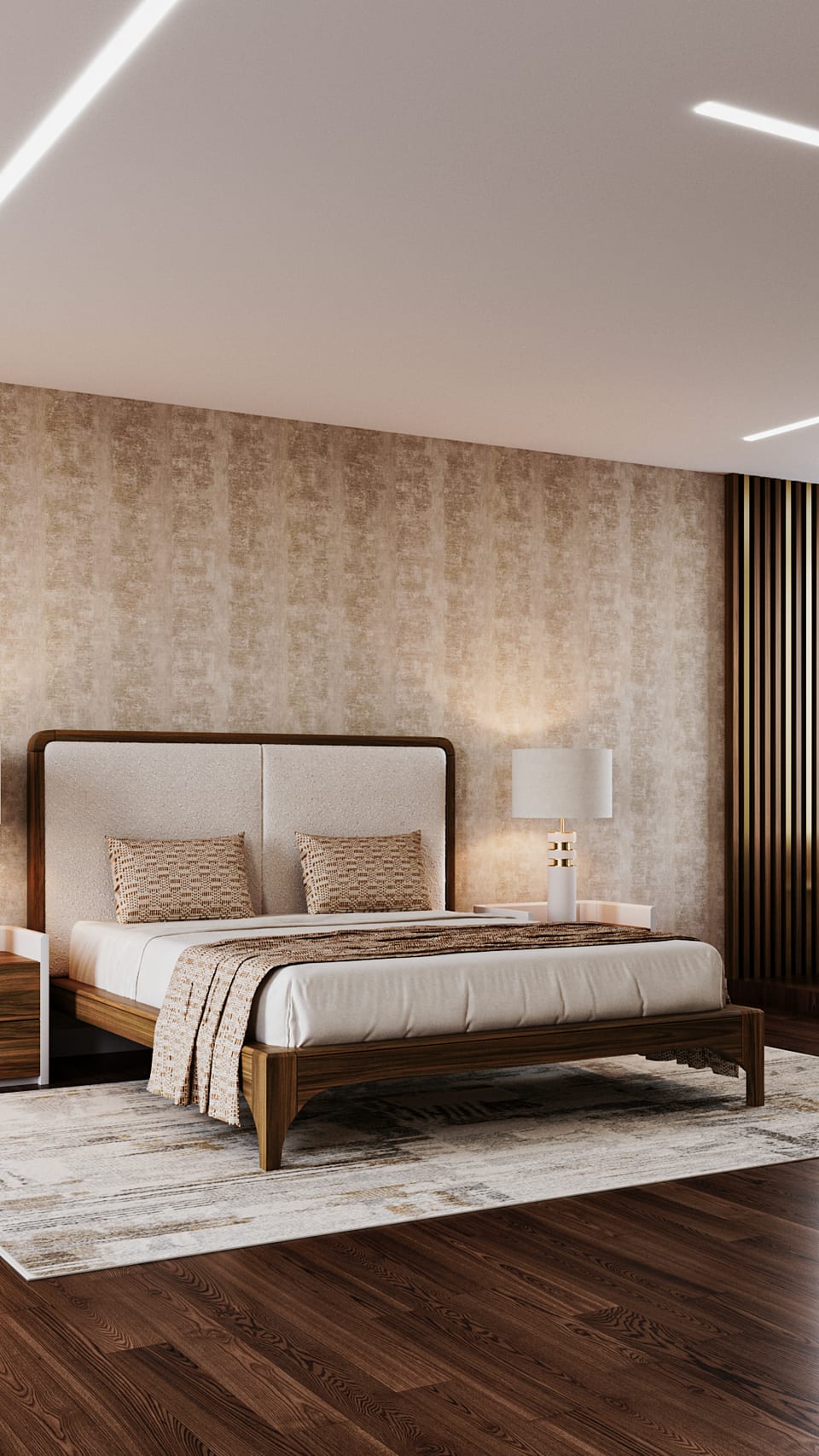 Bedroom with walnut bed, bouclé headboard, a dark slatted panel and linear lighting in the ceiling