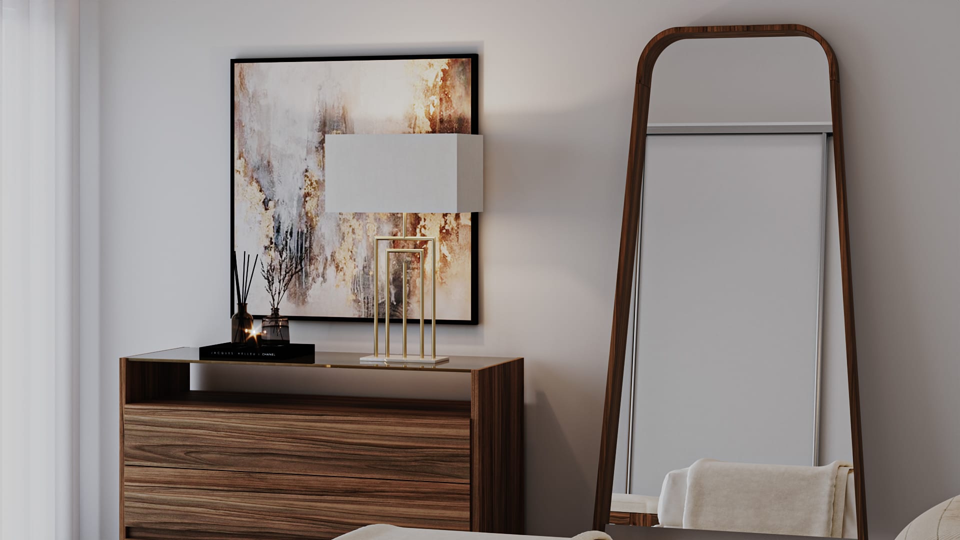 Wooden chest of drawers with a brass-based lamp, abstract painting and an arched full-length mirror