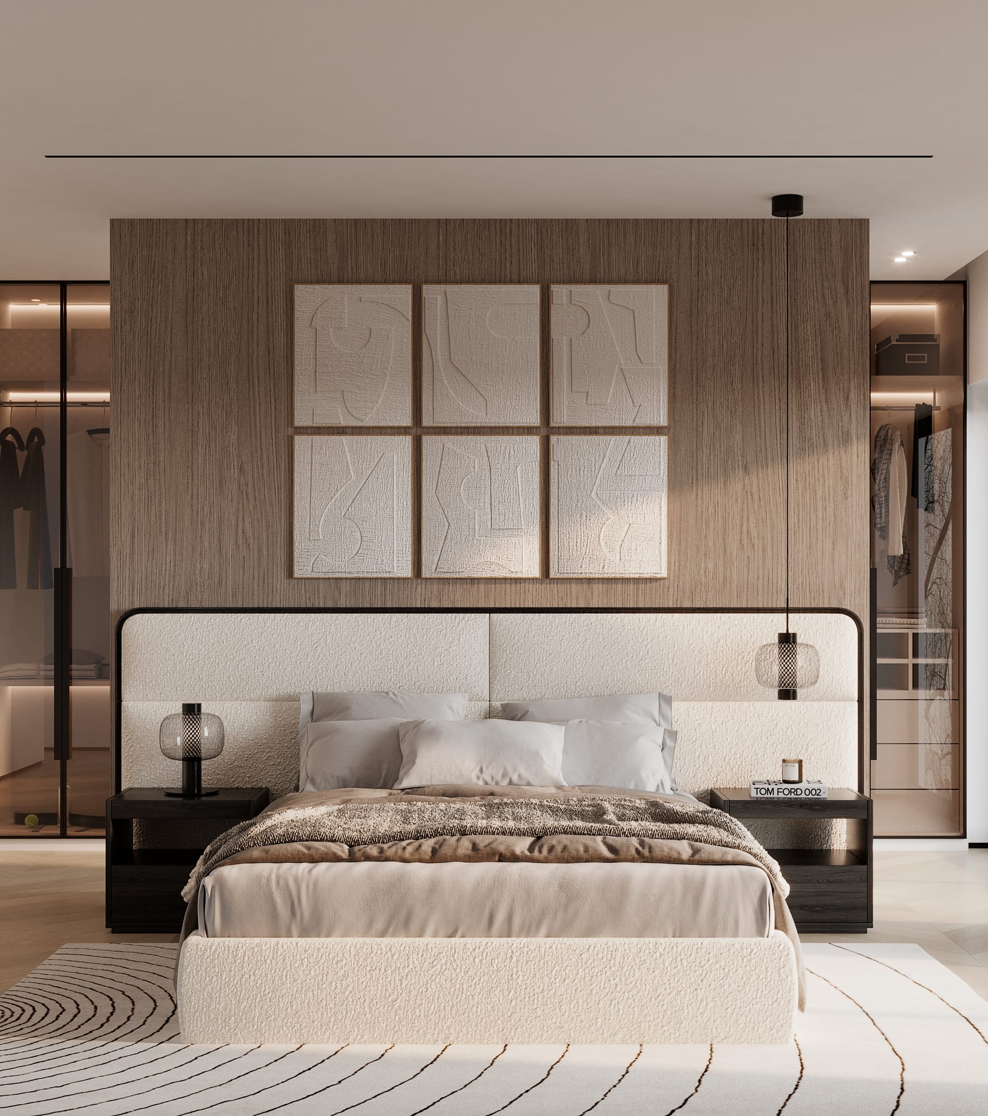 Double bed with a wide cream headboard, six white reliefs on a wood panel and glass-fronted wardrobes