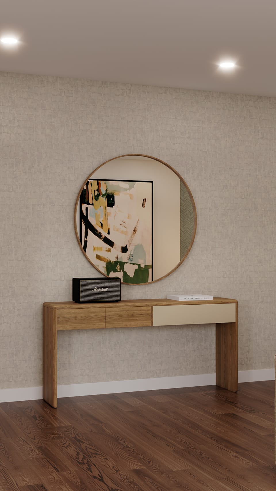 Light wood hallway console with a cream drawer and a round mirror reflecting an abstract painting