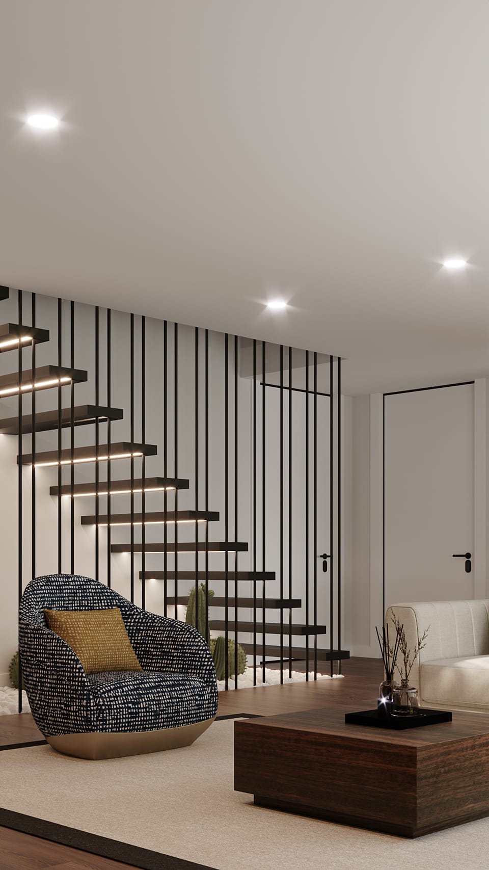 Floating staircase with dark treads and vertical rods, patterned armchair and low wooden table