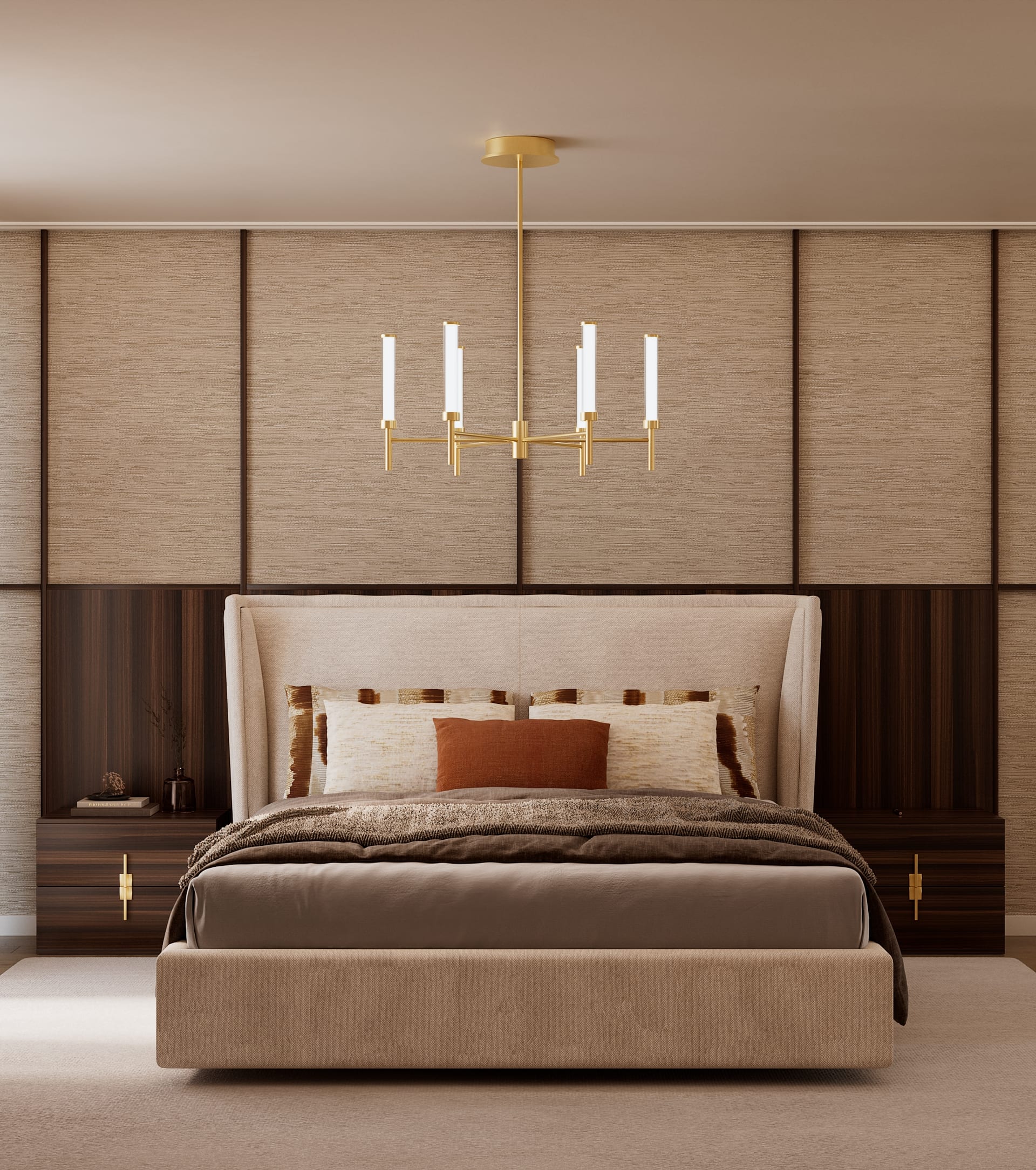 Beige wing headboard bed between fabric and dark wood panels, with a brass ceiling light above