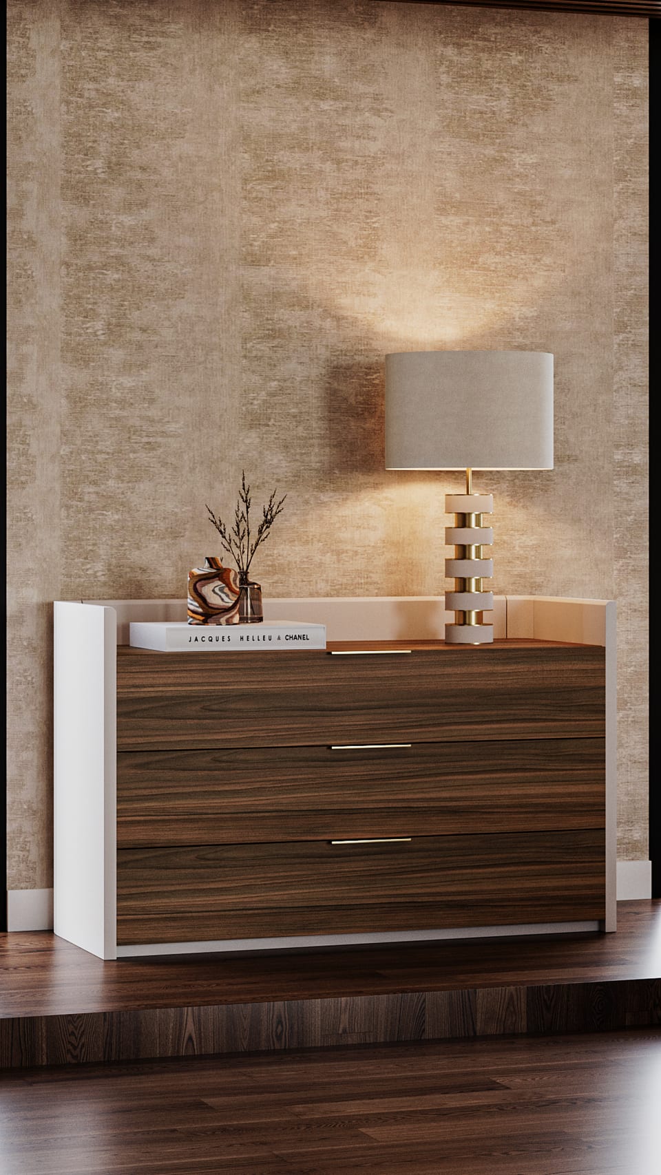 Three-drawer walnut chest with white lacquered sides, gold handles and a lamp with a ringed base