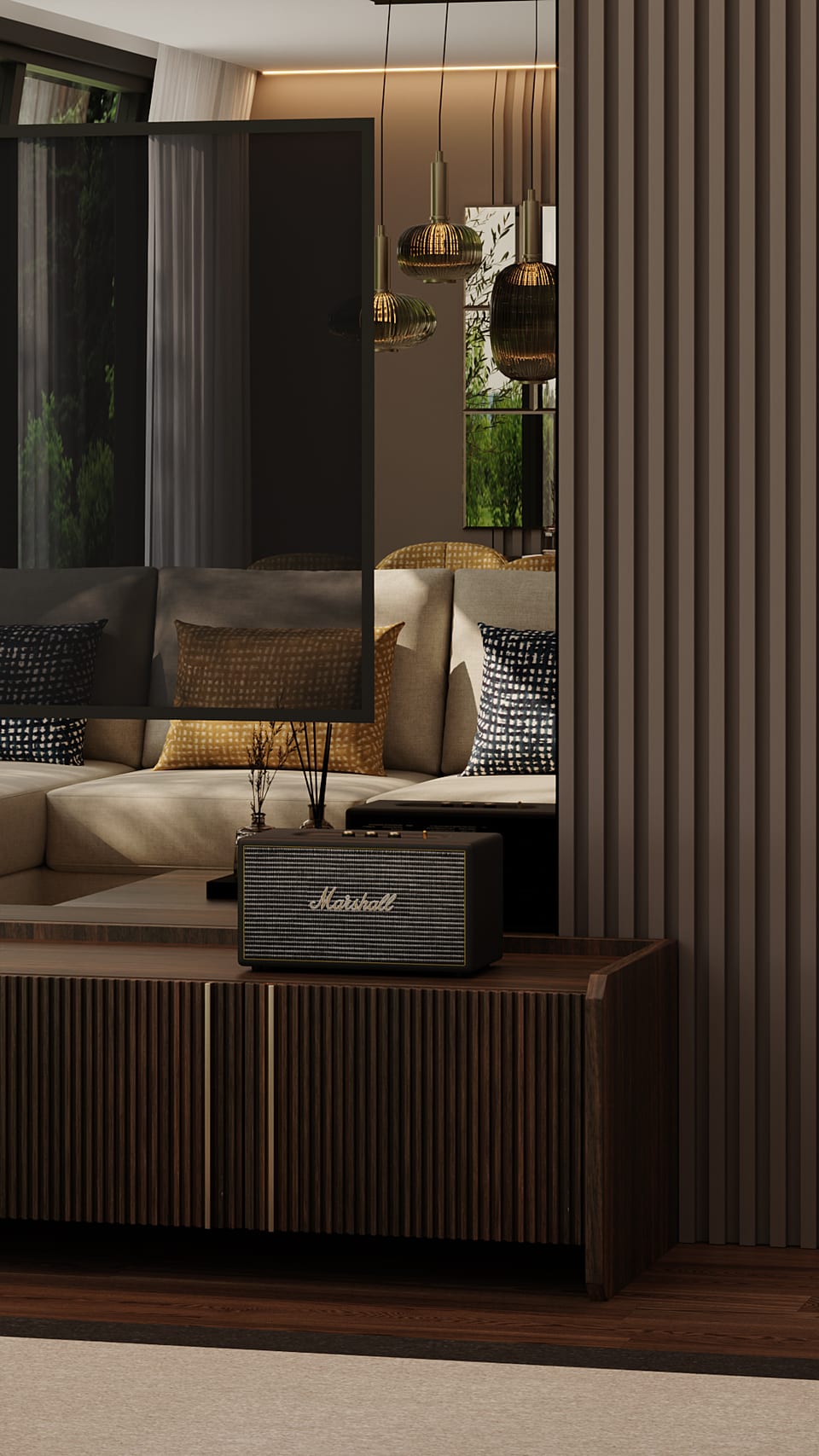 Dark fluted sideboard with a speaker and television, pale sofa reflected in the background
