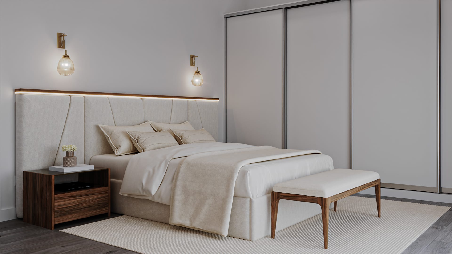 Bedroom with a beige upholstered headboard, brass wall lights and white sliding wardrobe doors behind