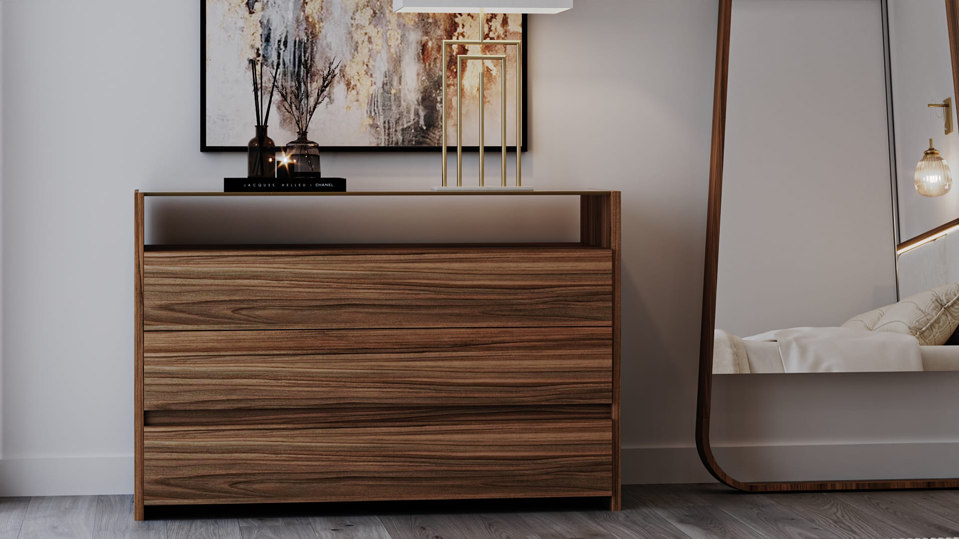 Three-drawer chest in strongly grained wood with an open top recess, brass lamp and abstract painting