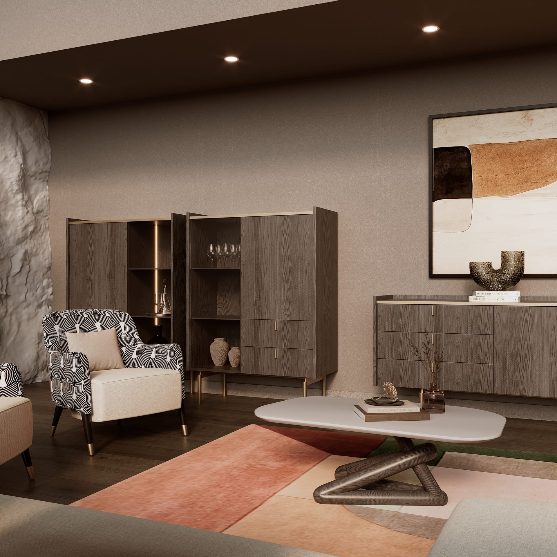 Tall dark wood cabinets with glassware shelves, patterned armchairs and an oval white table on a coral rug