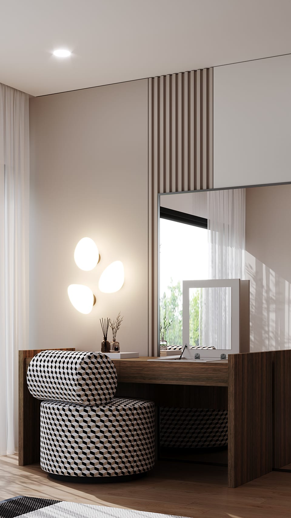 Dark wood dressing table with mirror, round geometric-patterned stool and white glass wall lights