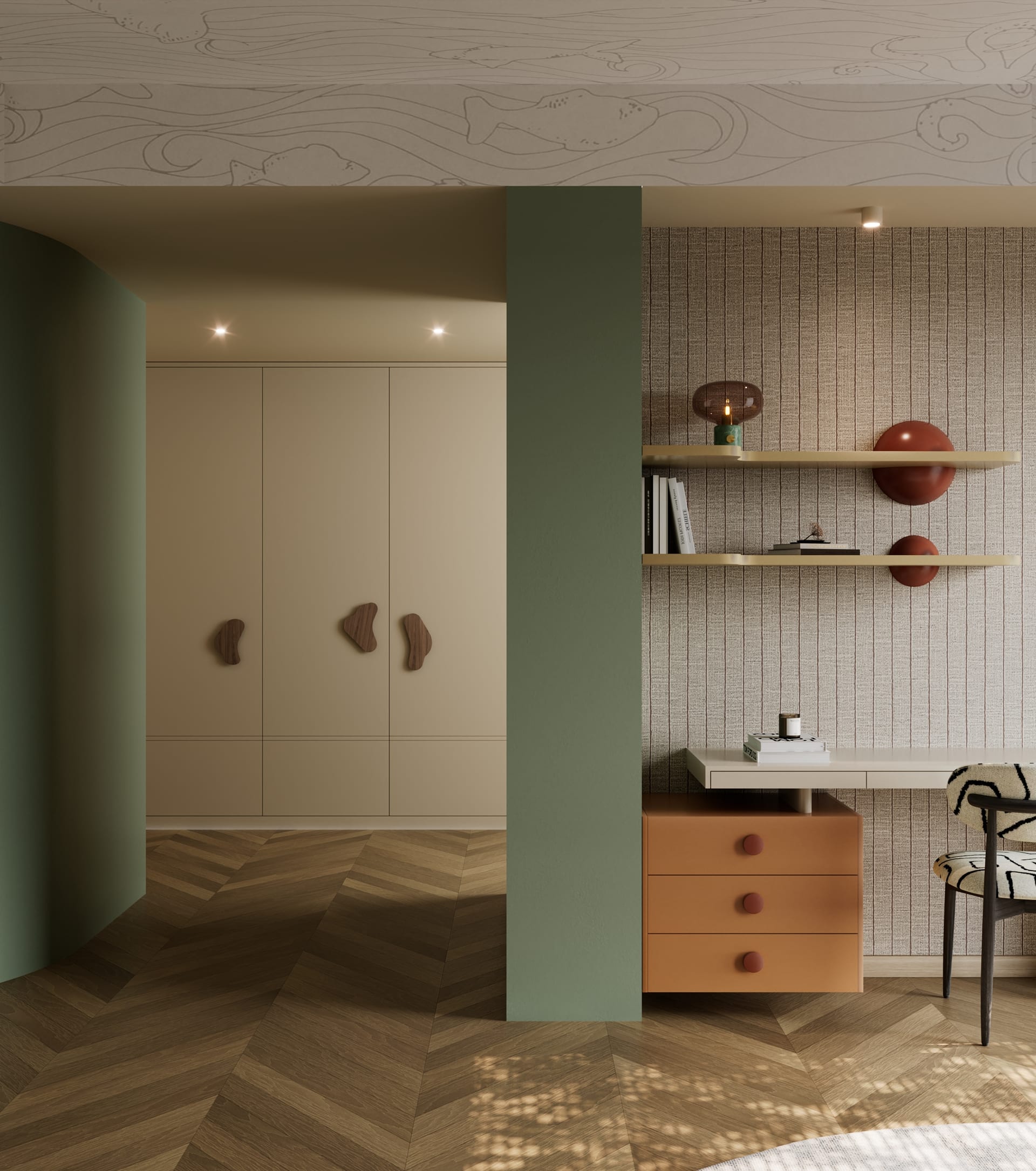 Roupeiro bege com puxadores orgânicos em madeira e, ao lado, secretária branca com gavetas em terracota e prateleiras