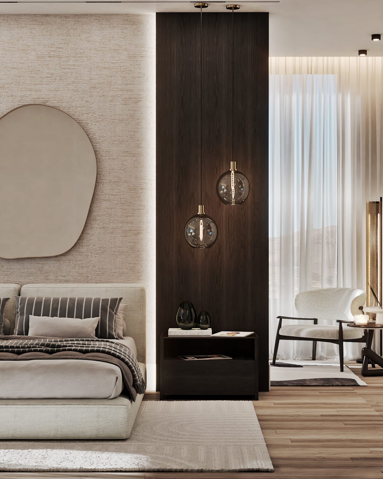 Quarto com cabeceira estofada, espelho irregular de aro dourado e painel escuro com dois globos de vidro