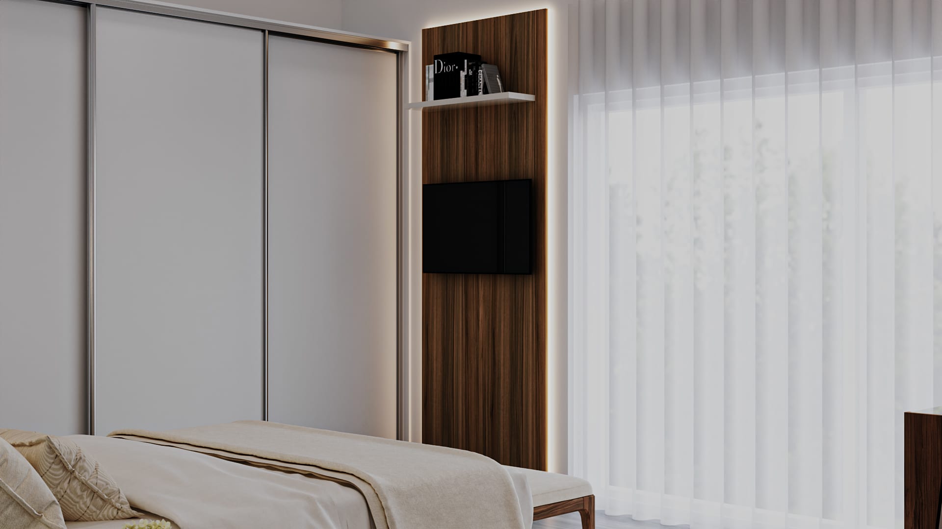 Backlit vertical dark wood panel with a television and shelf, beside white sliding wardrobe doors
