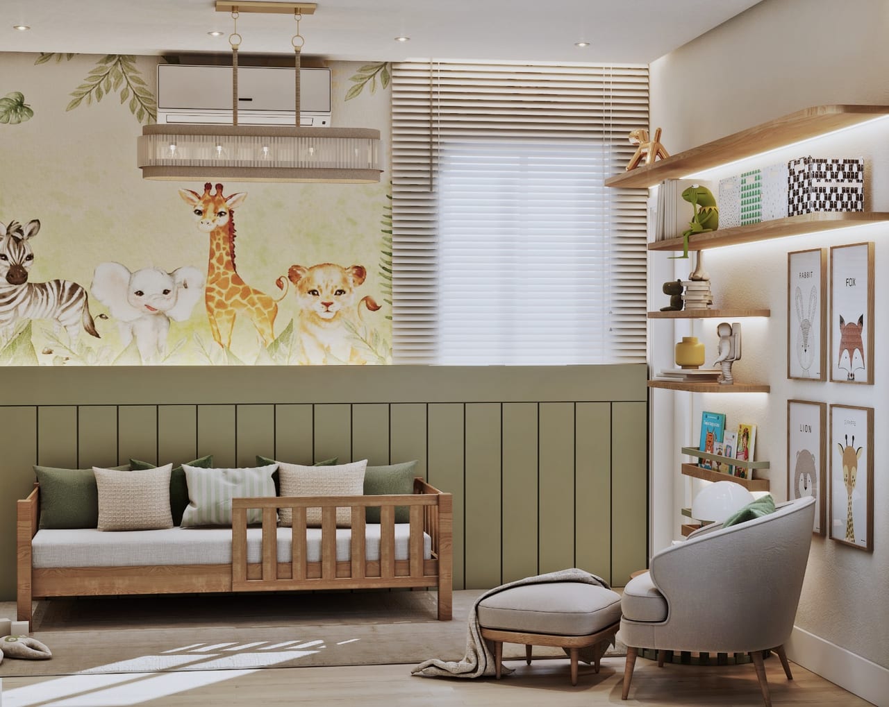 Wooden bed with green cushions below an animal mural and green panelling, with grey armchair and book shelves