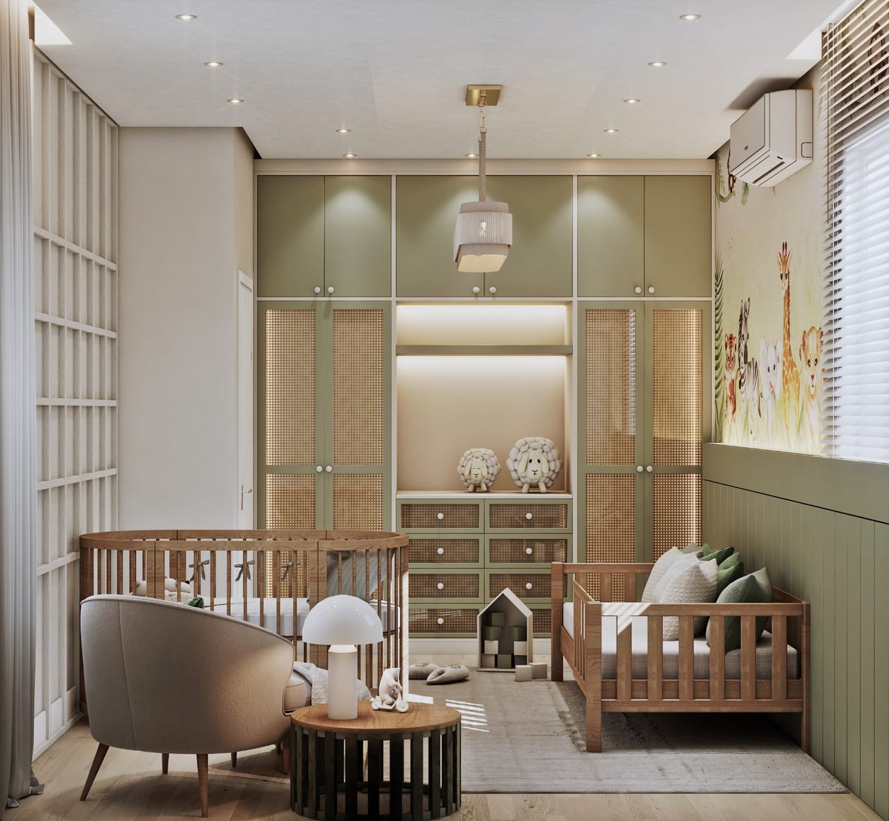 Green wardrobe with cane panels and matching chest, oval wooden cot and armchair beside the animal mural