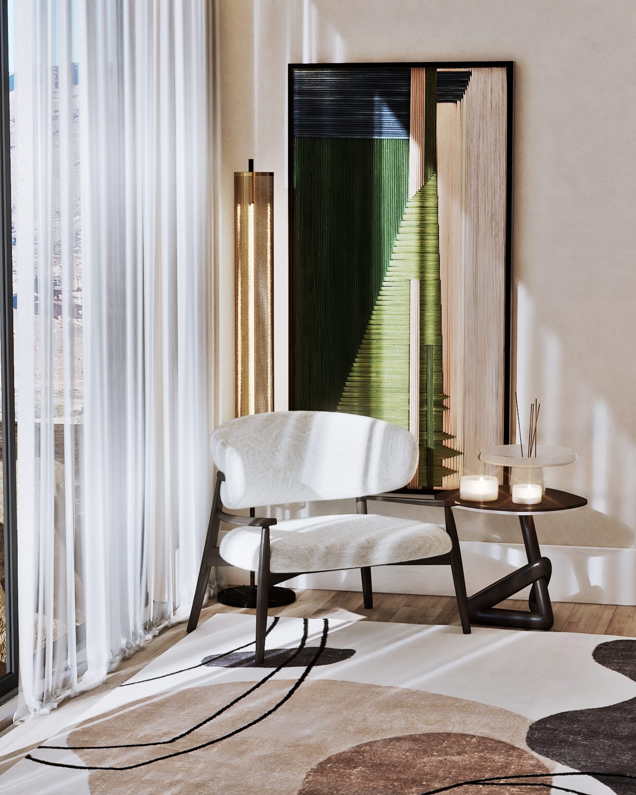 Cadeirão branco entre cortinado transparente, candeeiro de pé dourado e grande tela têxtil verde emoldurada
