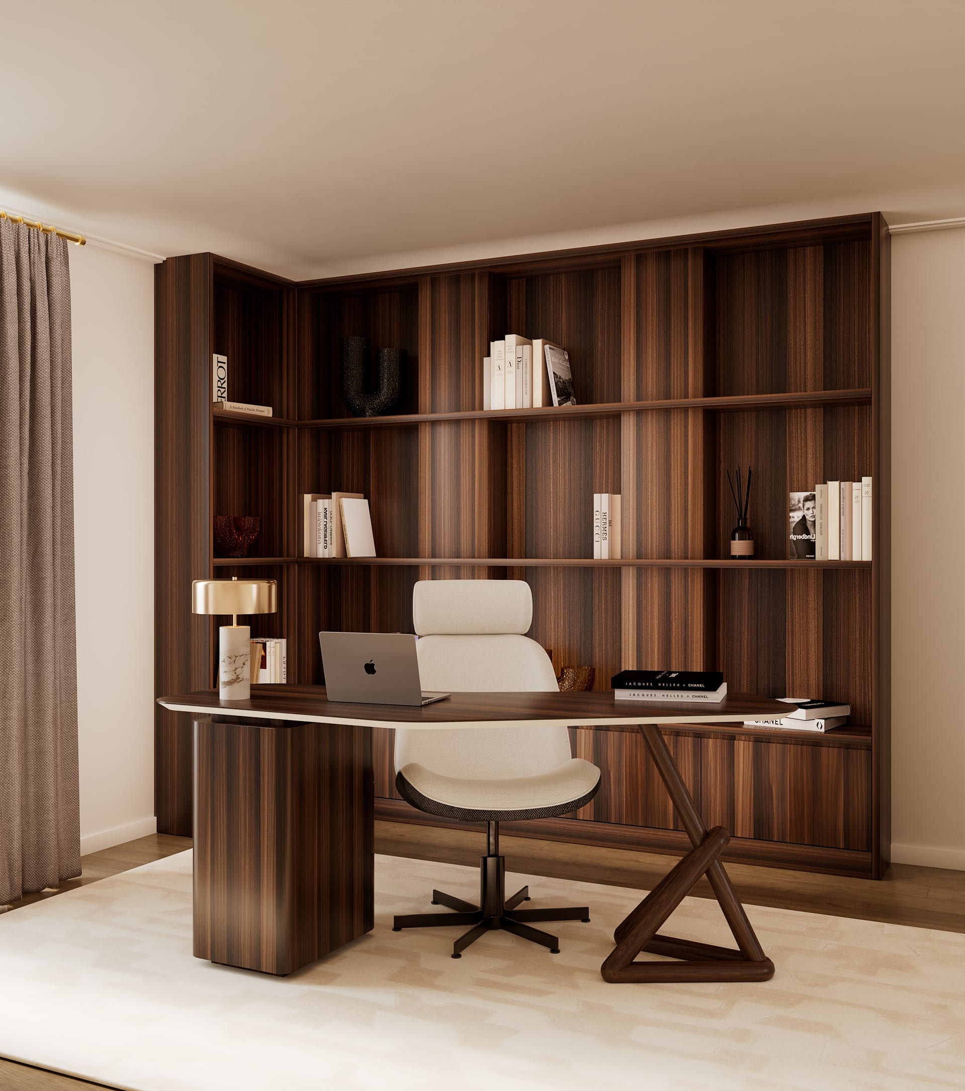 Home office with tall dark wood shelving, a curved-top desk and a cream upholstered swivel chair