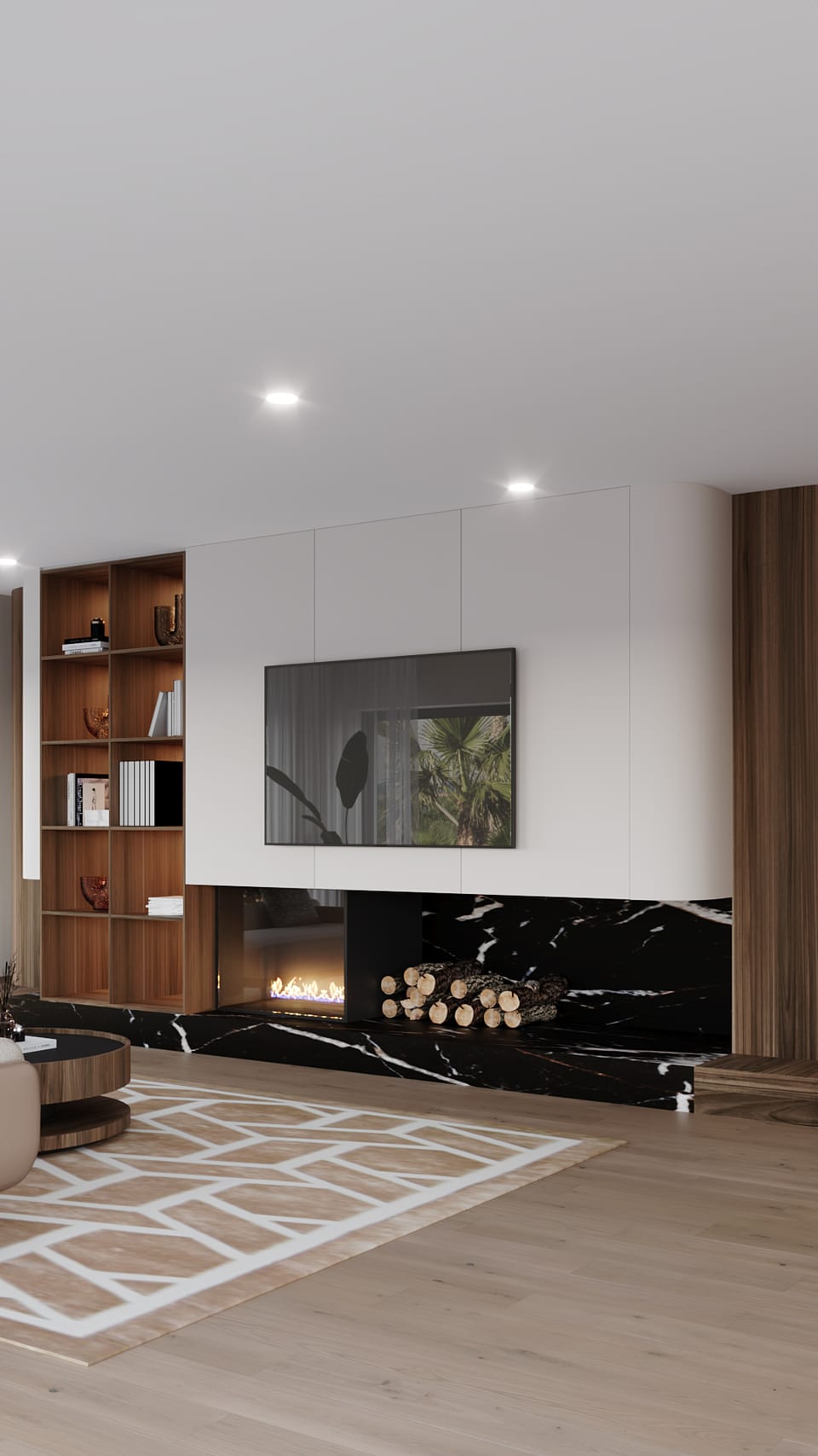 Sala com móvel de TV branco, lareira linear sobre pedra preta veiada e estante em madeira escura