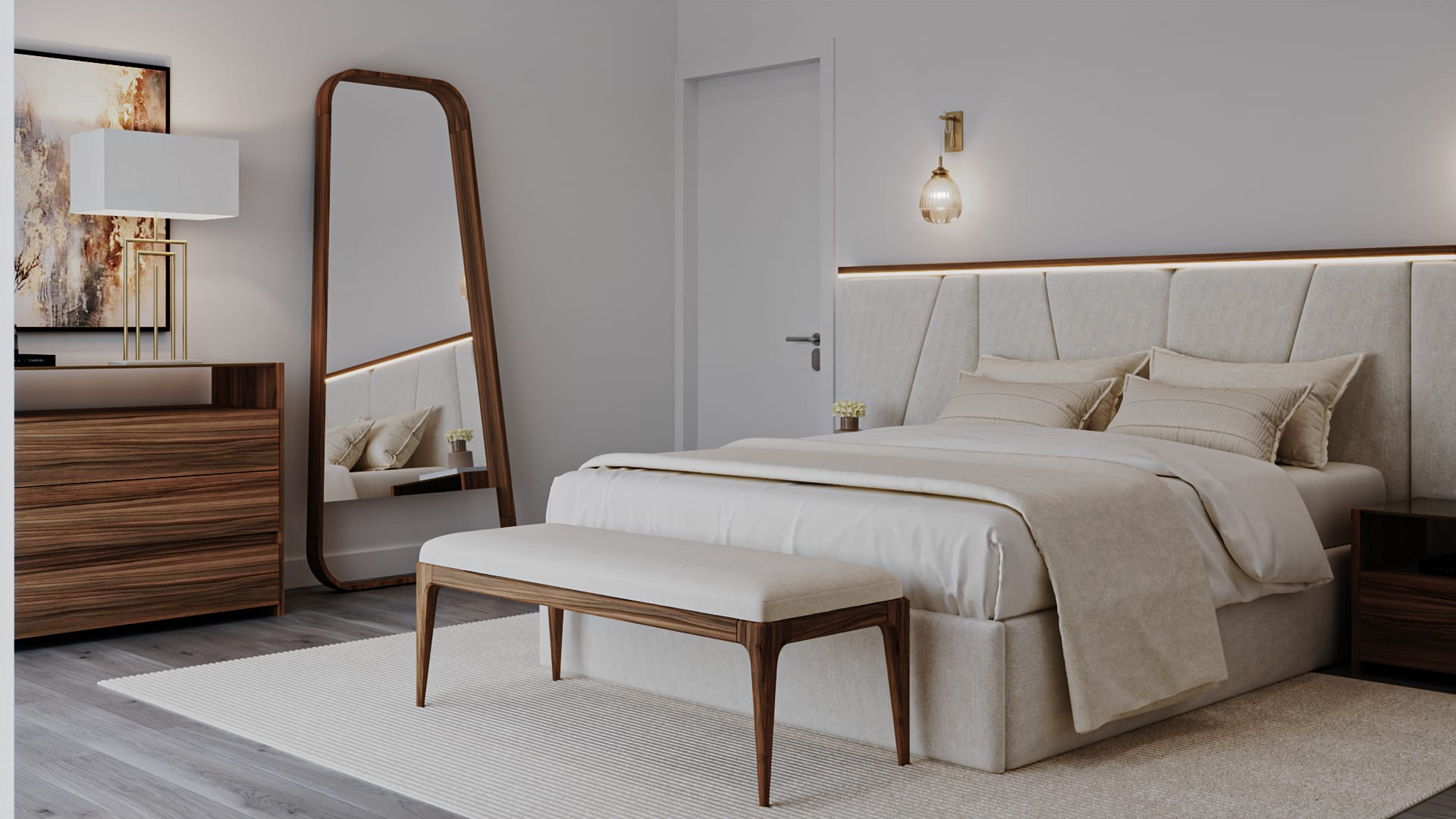Bed with a tall padded headboard and lit trim, wooden bench at the foot and a full-length standing mirror