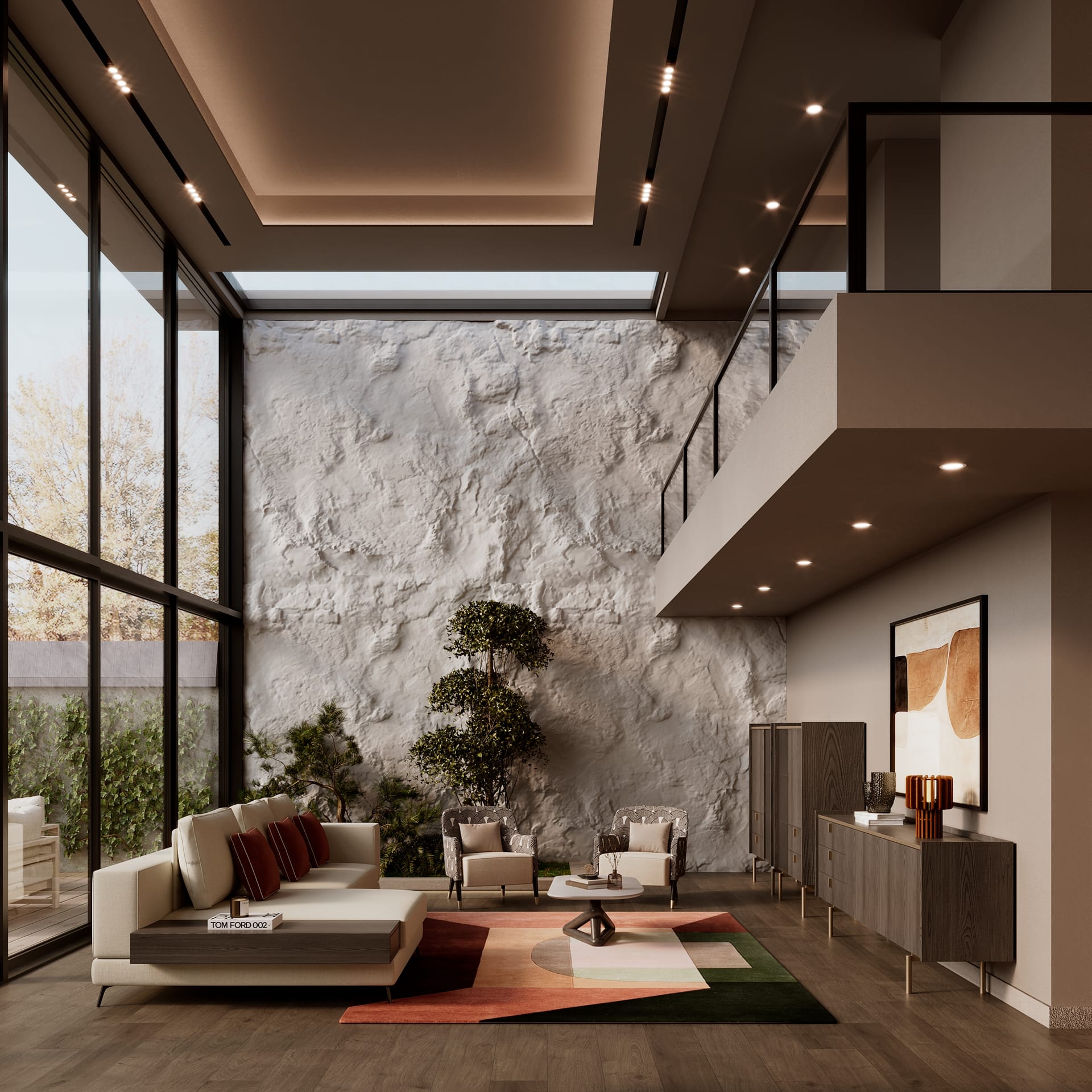 Double-height living room with rough white stone wall, full-height glazing, cream sofa and geometric rug
