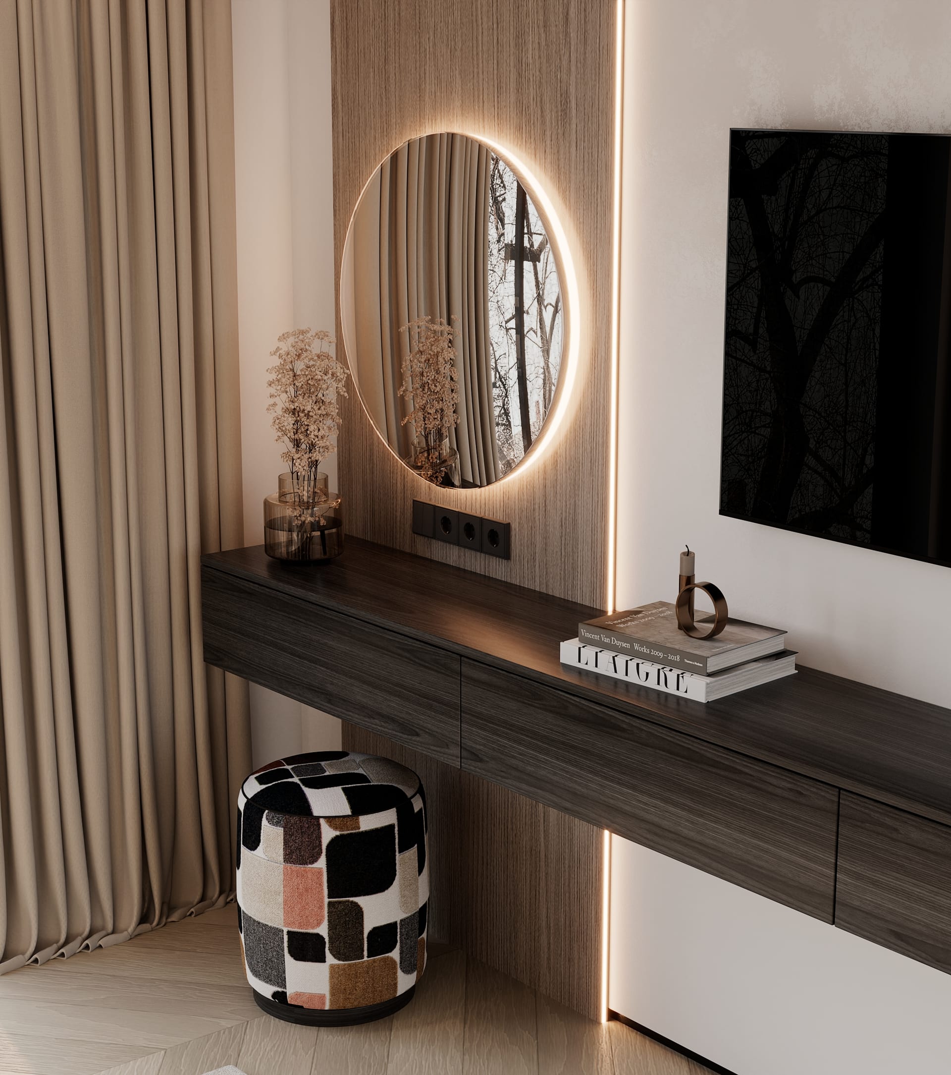 Close-up of the backlit round mirror and the dark floating console, with a patterned stool below