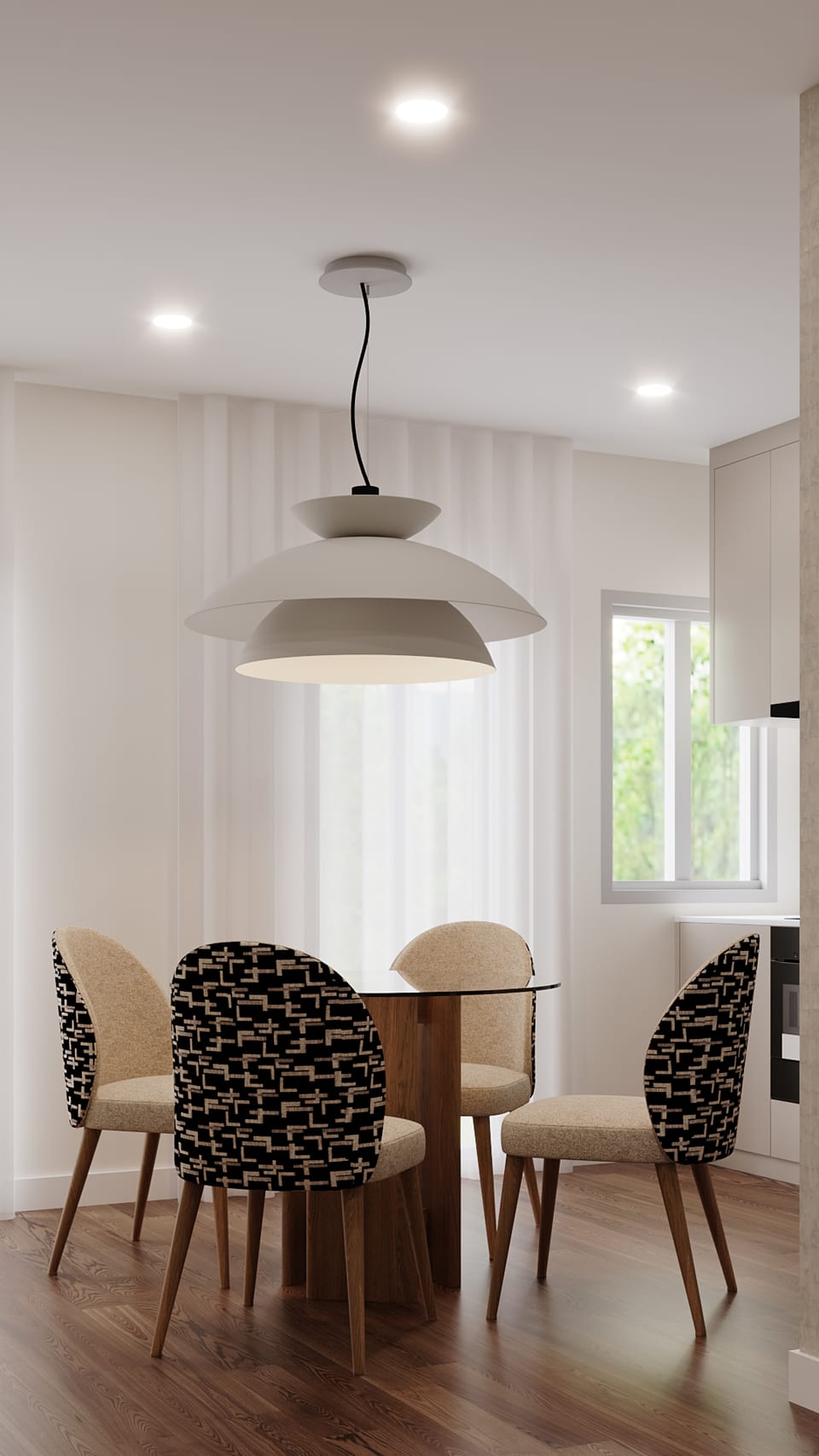 Round glass table on a wooden base, chairs with black patterned backs and a white domed pendant
