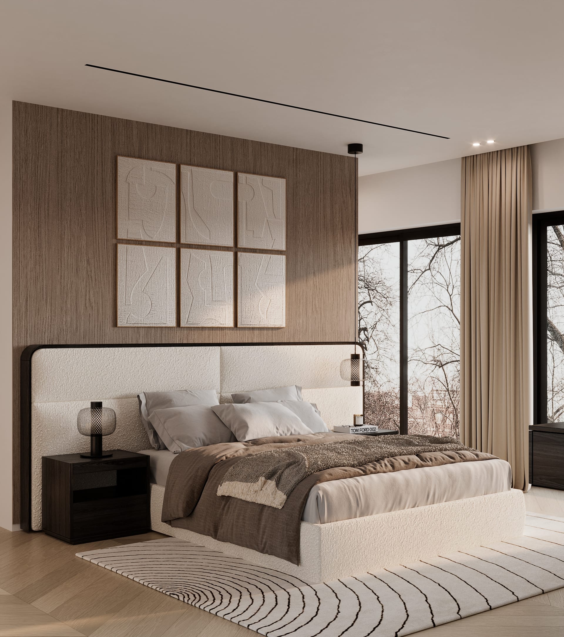 Bedroom with a wood-clad wall, a tall white fabric headboard and six textured panels above the bed