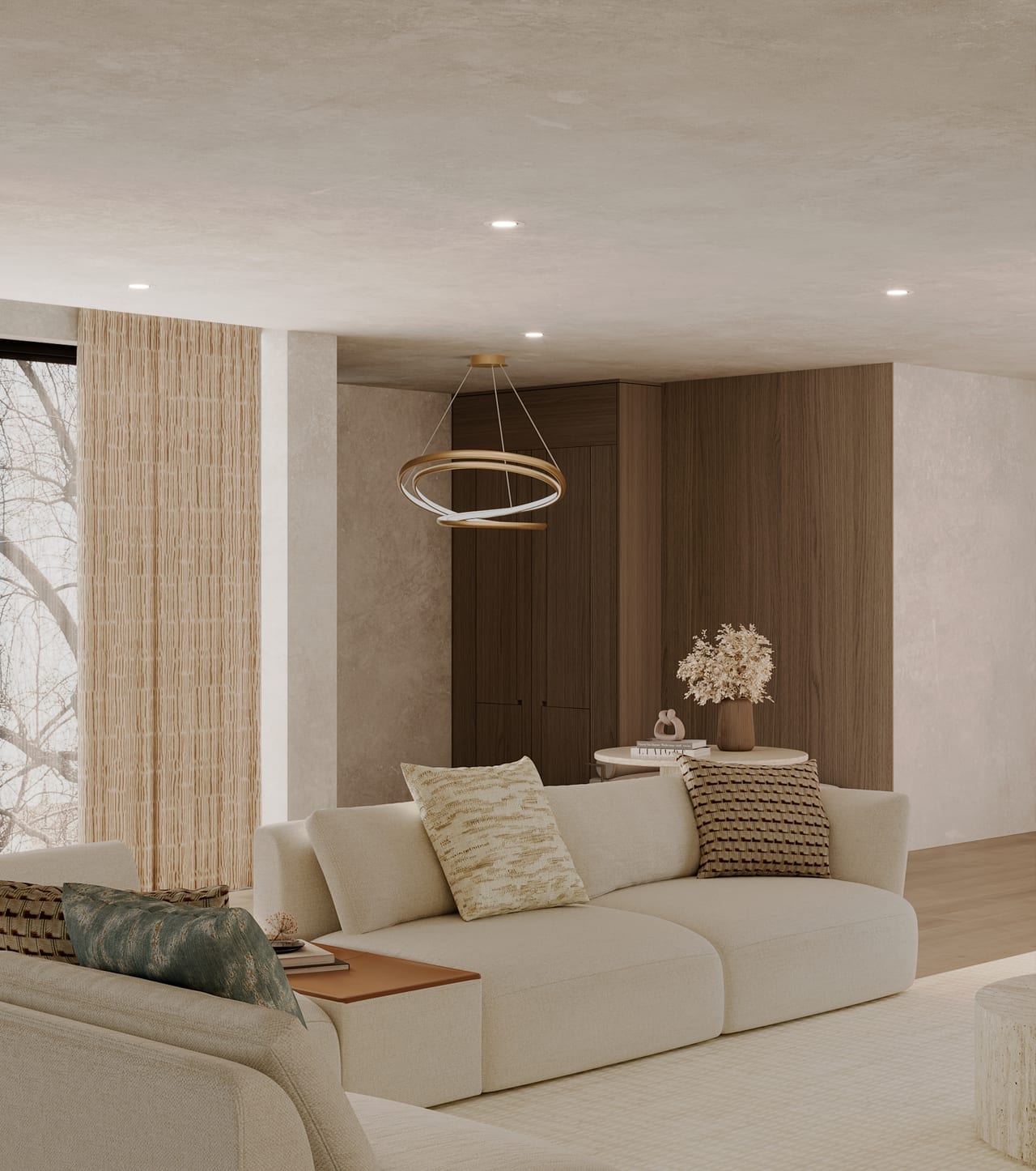 Sofá modular creme com almofadas texturadas, suspensão de anéis dourados e portas em madeira escura