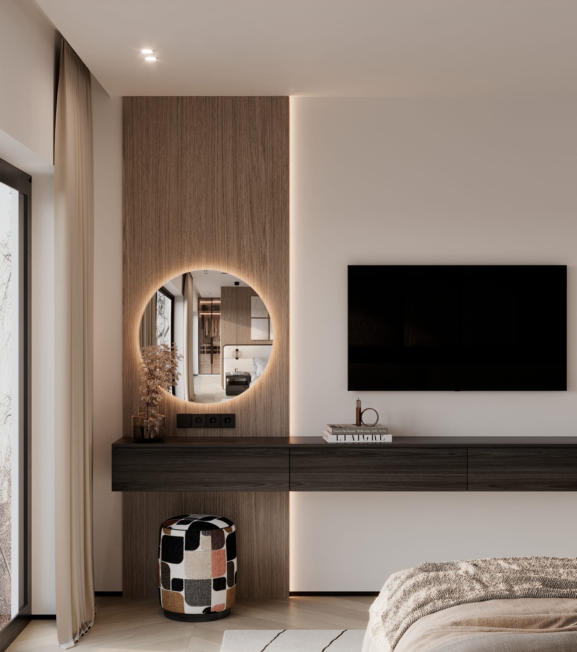 Wood panel with a backlit round mirror above a dark floating console and a patterned stool