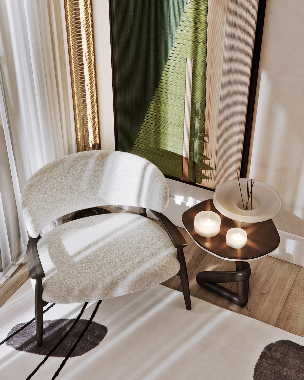 Cadeirão branco de estrutura escura junto a mesa de apoio com velas e tela têxtil em tons de verde