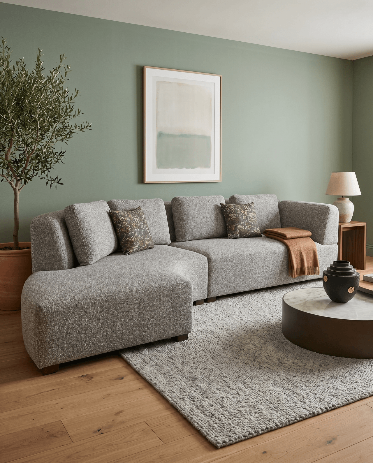Grey corner sofa against a sage green wall, with a textured rug, round coffee table and potted olive tree