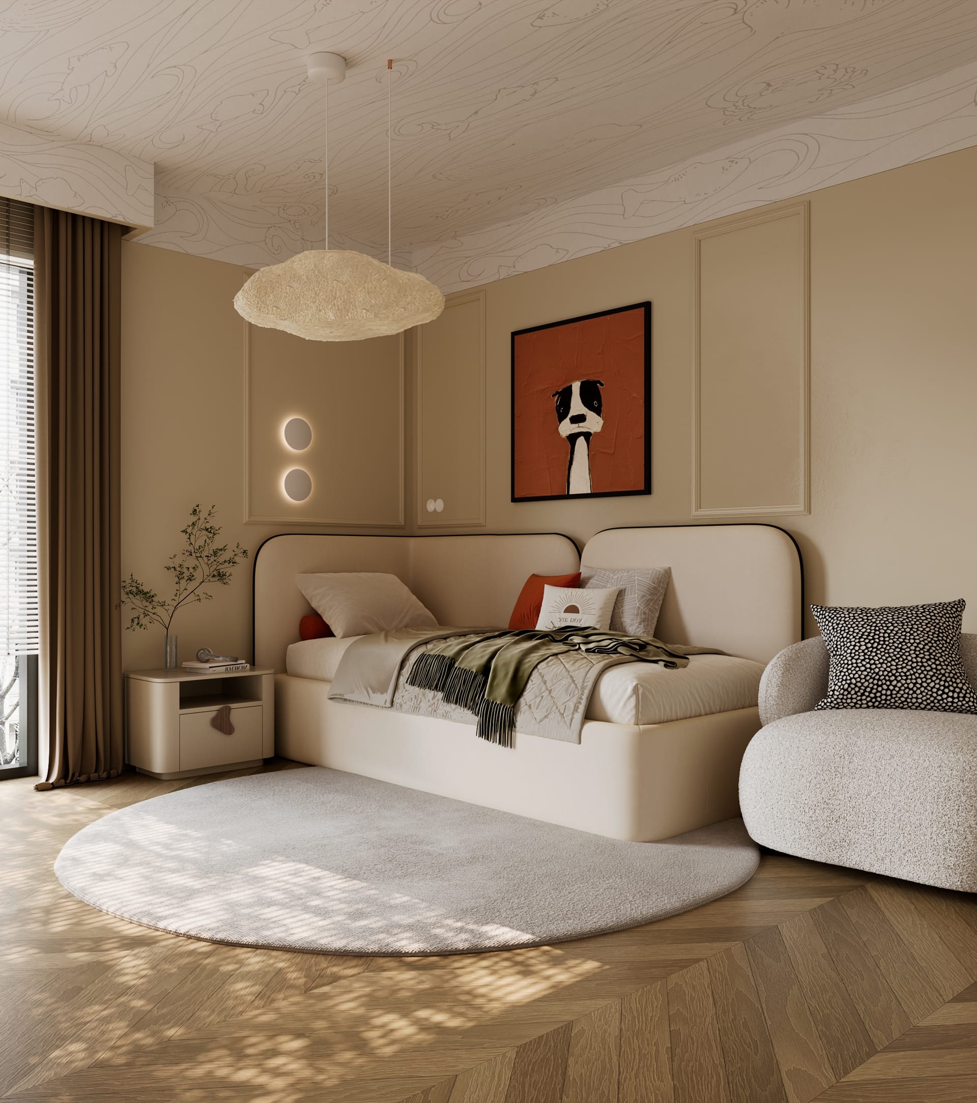 Cama individual estofada em creme com cabeceira curva de canto, candeeiro em forma de nuvem e tapete redondo claro