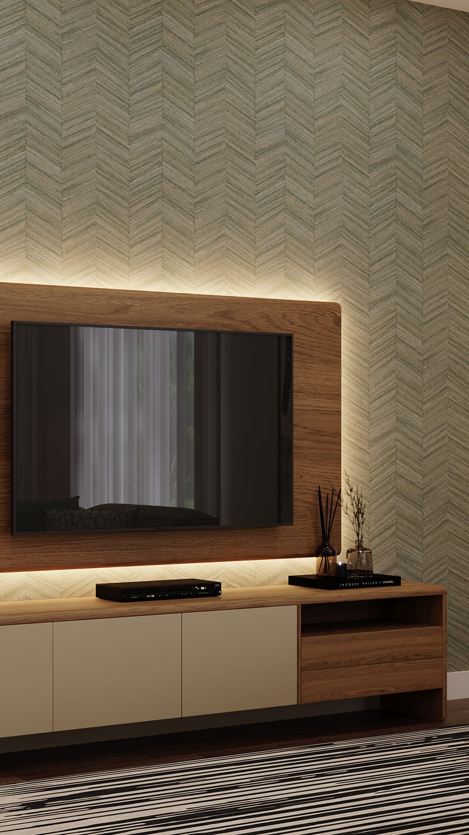 Wood TV panel with concealed lighting above a low unit with cream doors and herringbone wall covering
