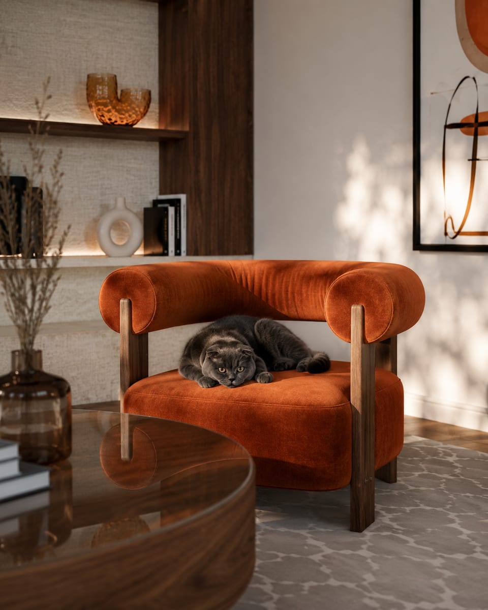 Grey cat lying on a terracotta velvet armchair with a dark wooden frame