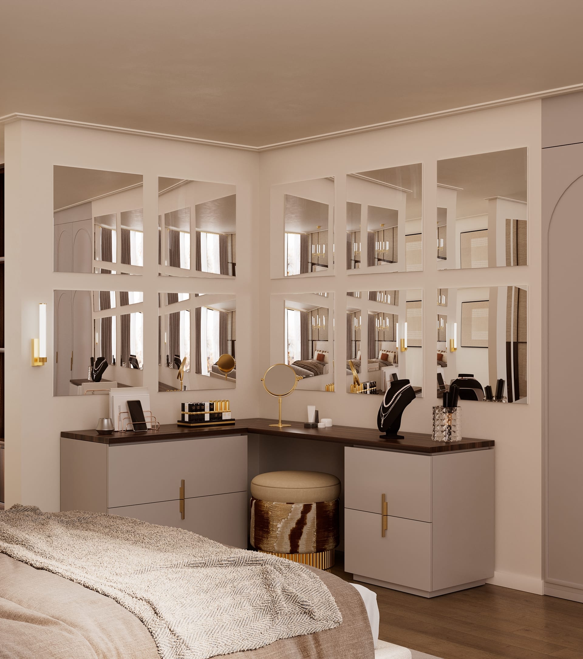 Dressing table with a dark wood top over grey units, a wall of square mirrors and a round stool