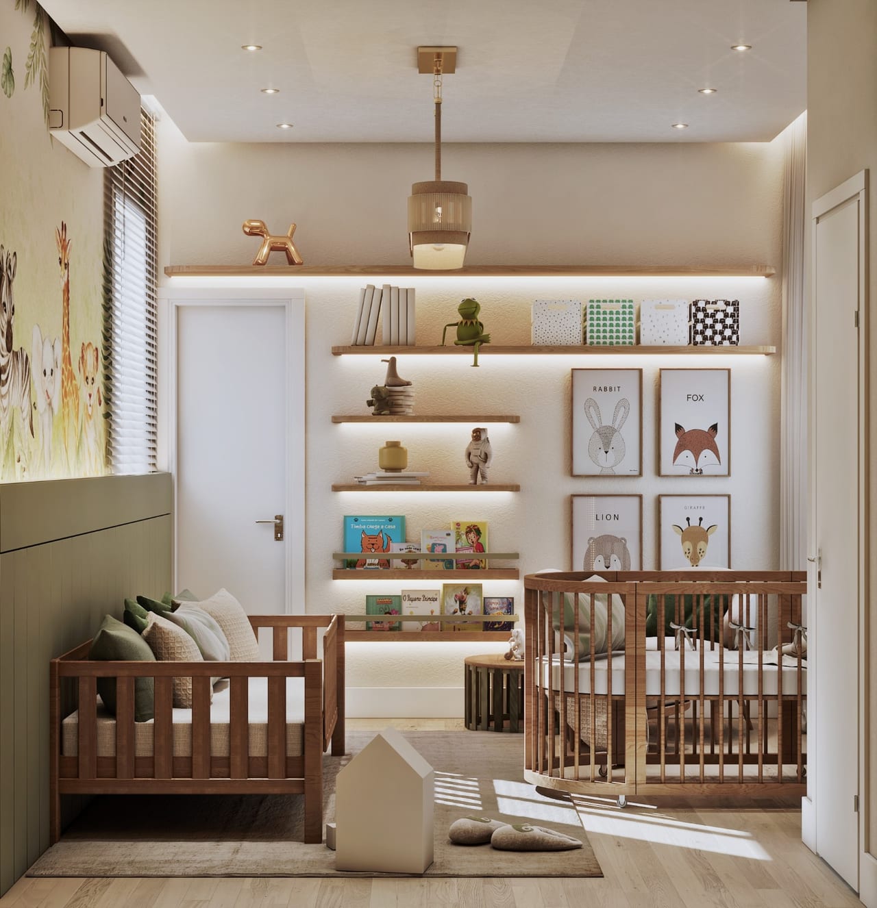 Nursery with oval cot and wooden bed, lit shelves of books and framed animal prints on the wall