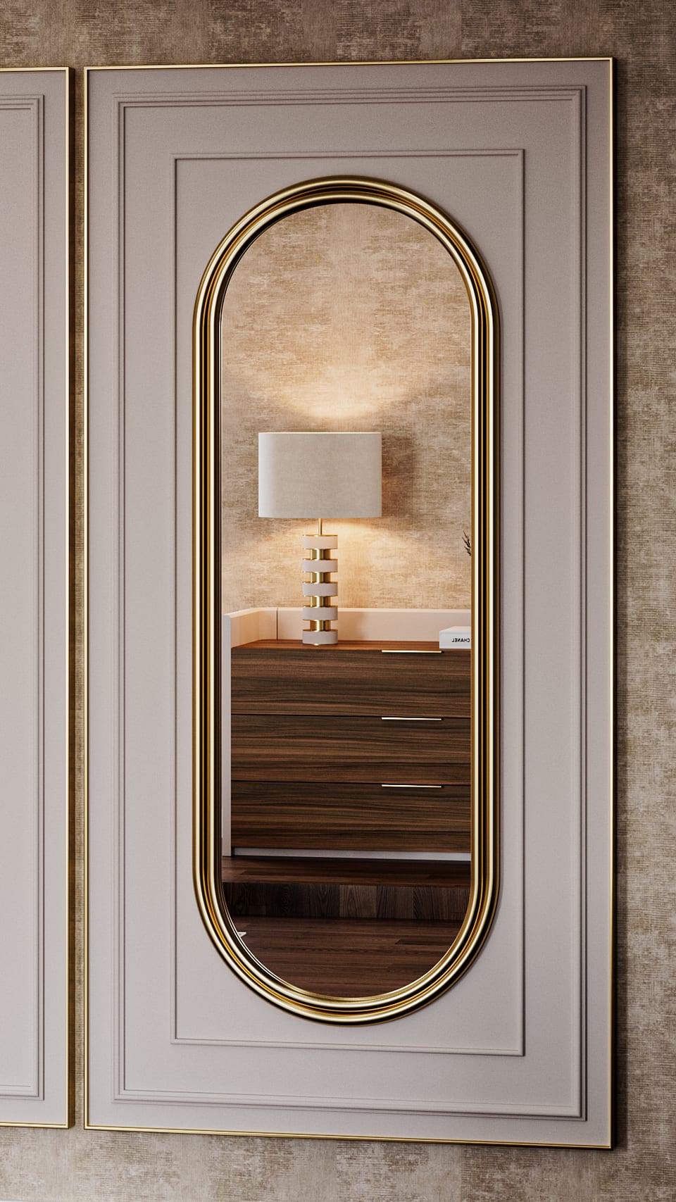 Oval gold-framed mirror set into a pale wardrobe door, reflecting the lamp and the chest of drawers