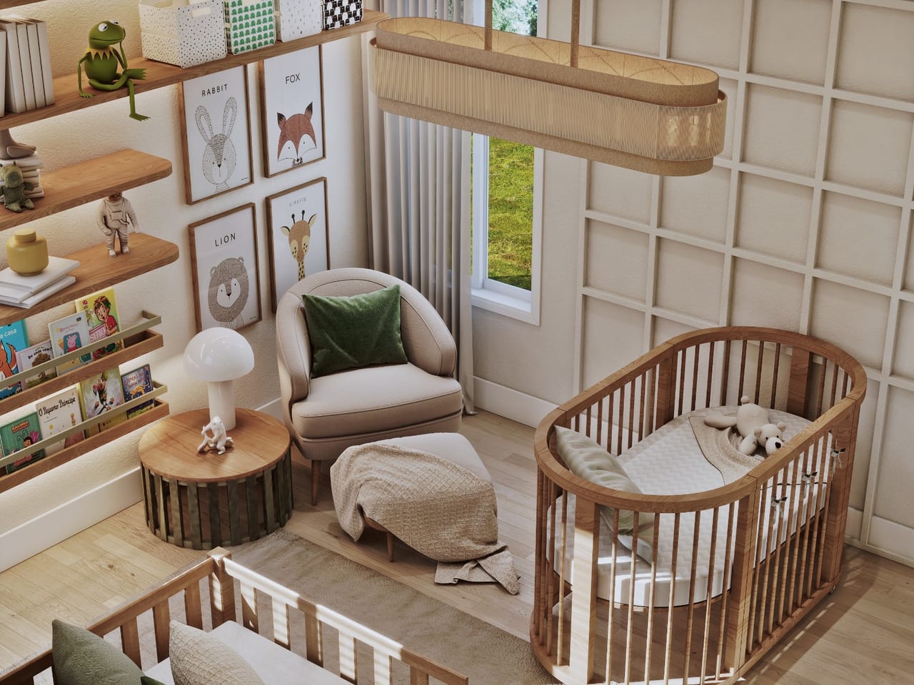 Overhead view of the oval cot, cream armchair with green cushion, mushroom lamp and shelves of children's books