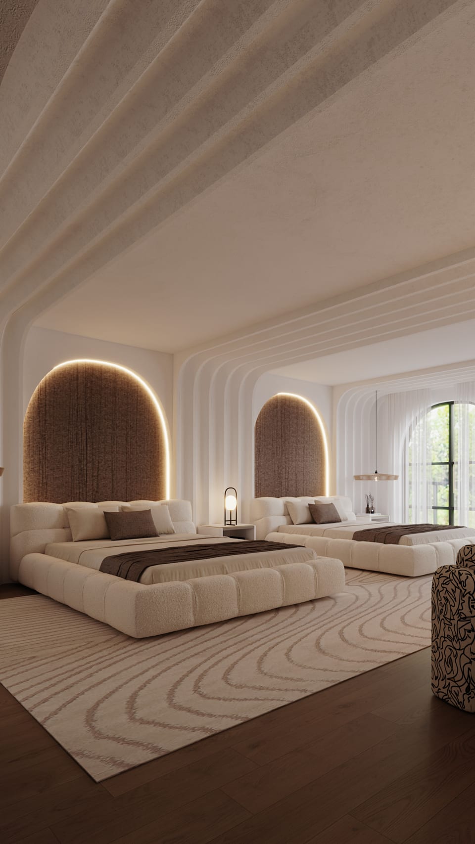 Quarto com duas camas em bouclé creme, nichos em arco iluminados a LED e teto de nervuras curvas