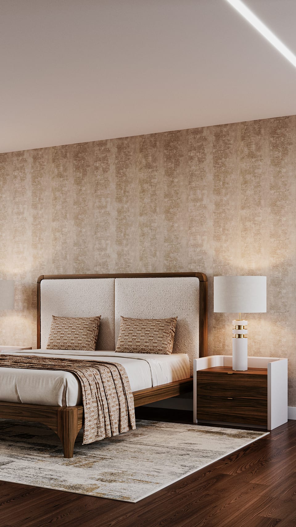 Walnut bed with bouclé headboard, woven cushions and textured beige wallpaper behind