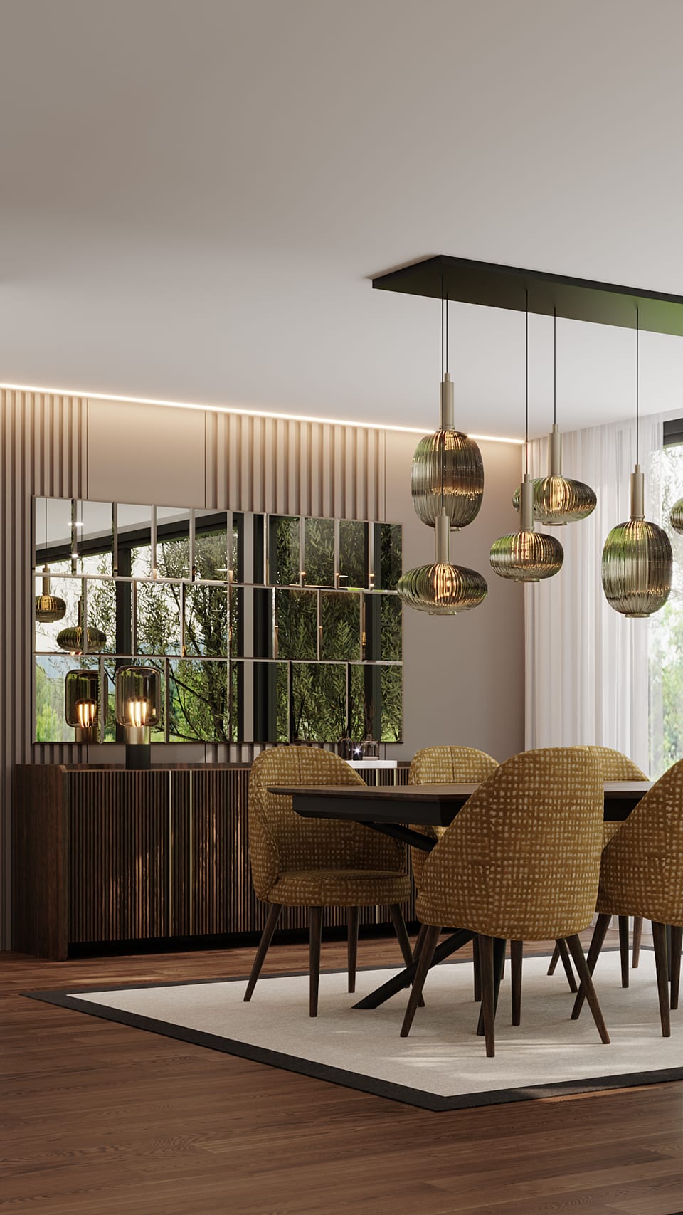 Dining area with mustard upholstered chairs, dark fluted sideboard and a panelled mirror wall