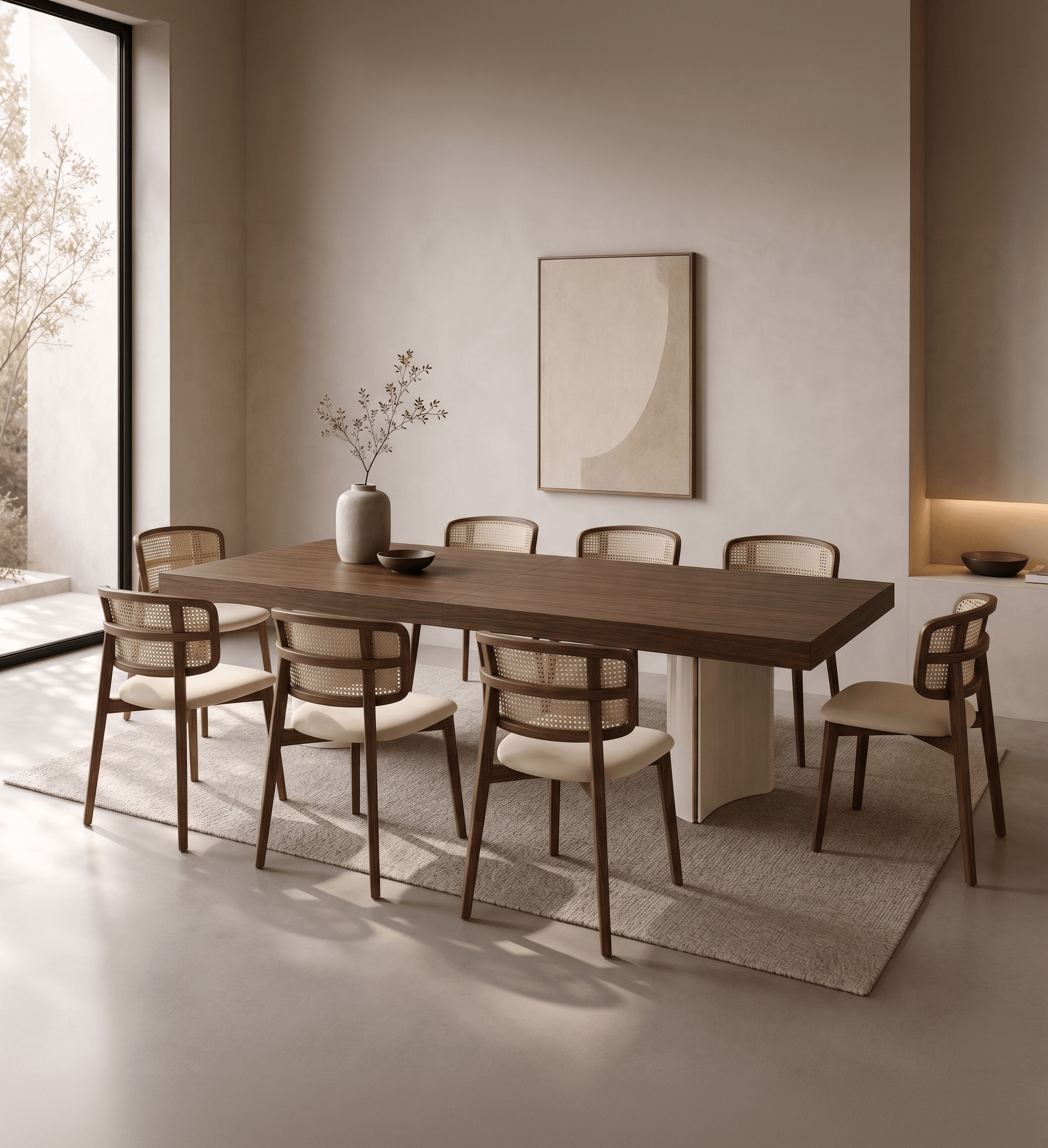 Dark wood dining table ringed by cane-backed chairs with cream seats, standing on a beige rug