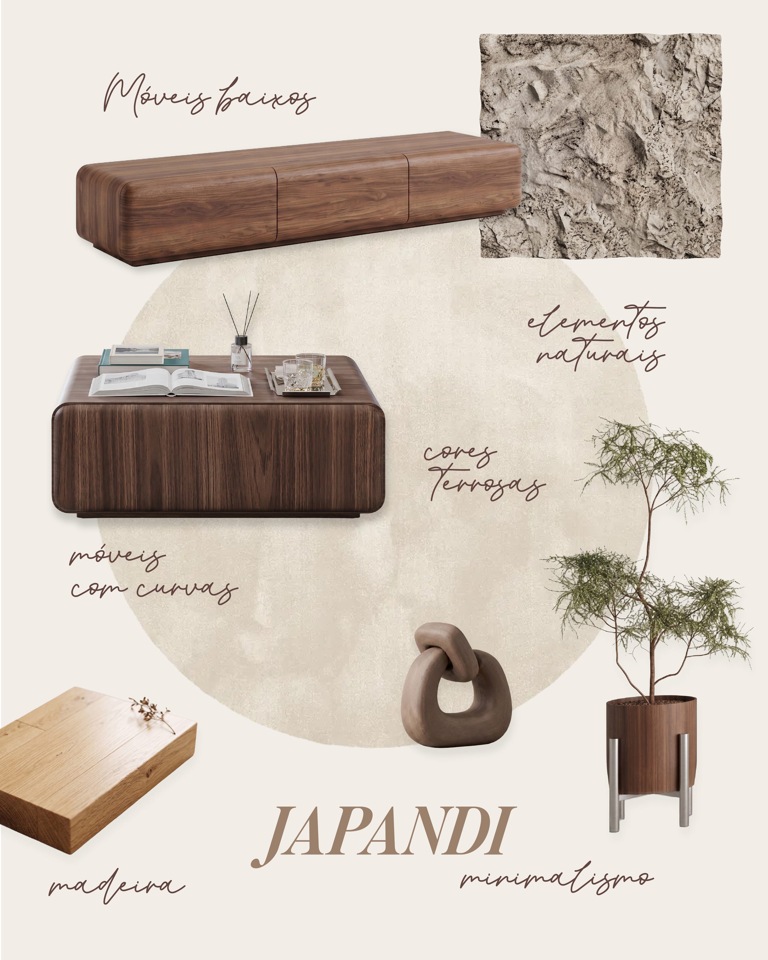 Mood board with a low cabinet and curved table in dark wood, a sculpture, a plant and stone samples