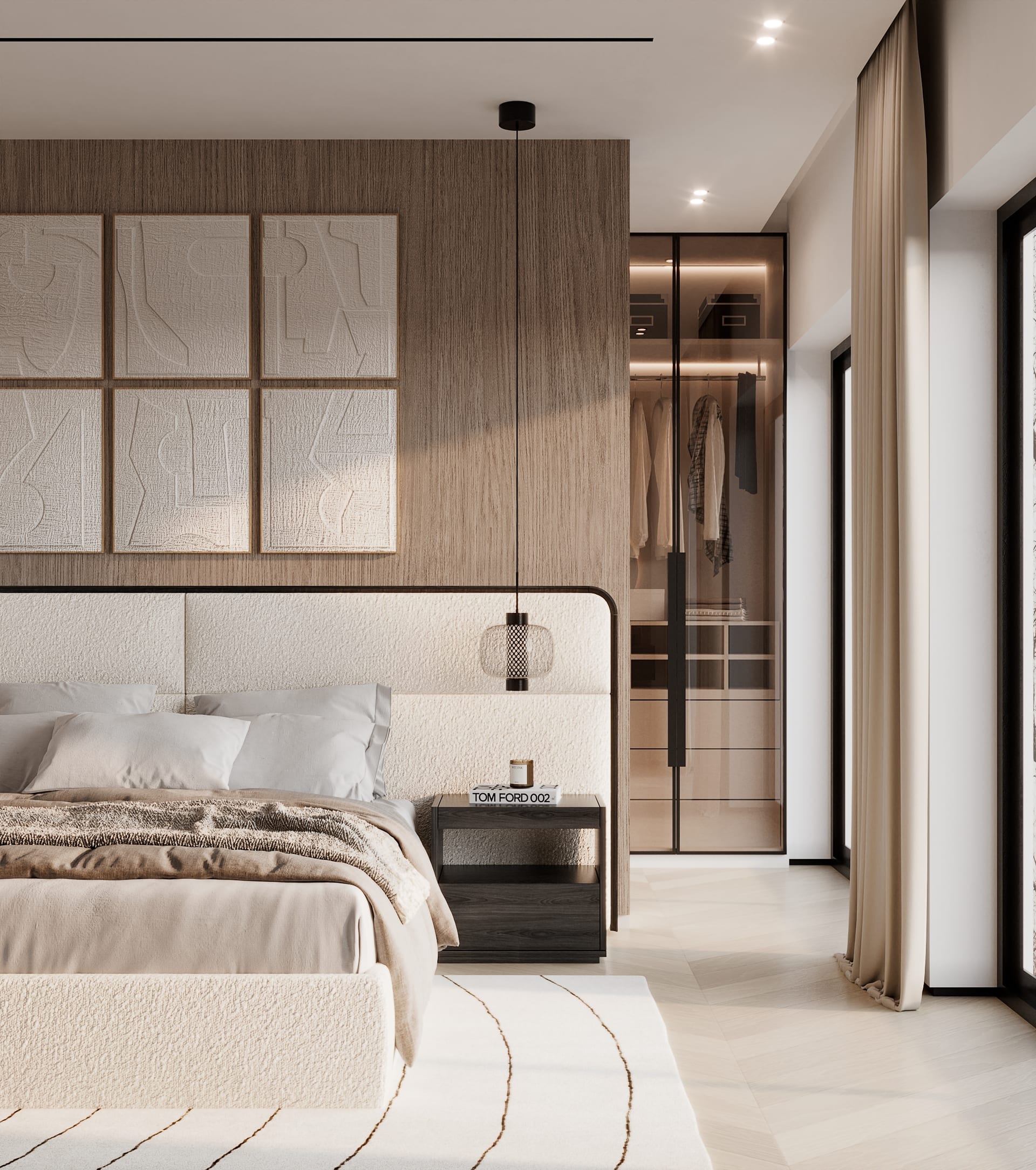 Bed with a cream fabric headboard, a wood wall hung with white reliefs and a smoked glass wardrobe alongside