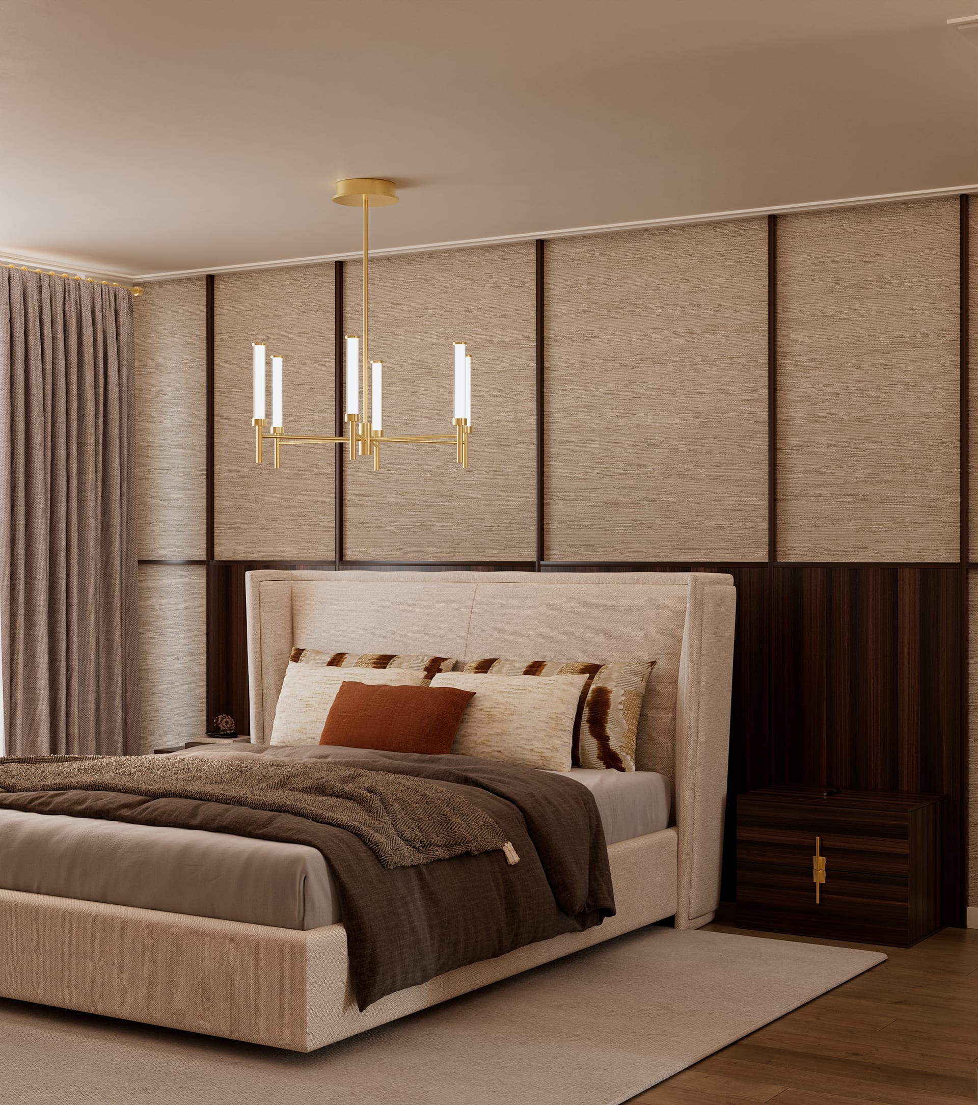 Bedroom with fabric and dark wood panelling, beige upholstered bed and a built-in bedside unit with brass handle