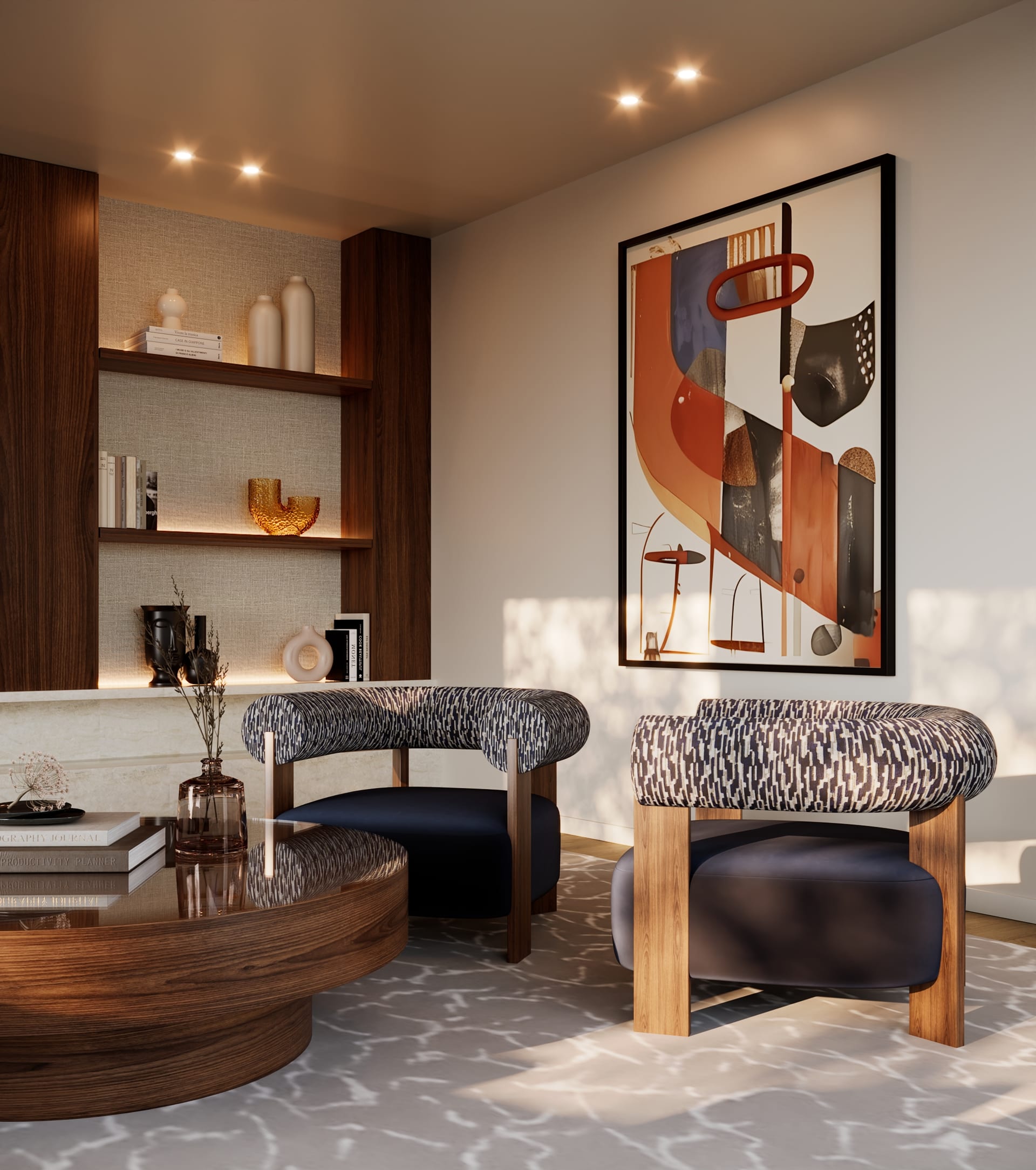 Built-in dark wood shelving with lit niches, two patterned-back armchairs and a framed abstract print